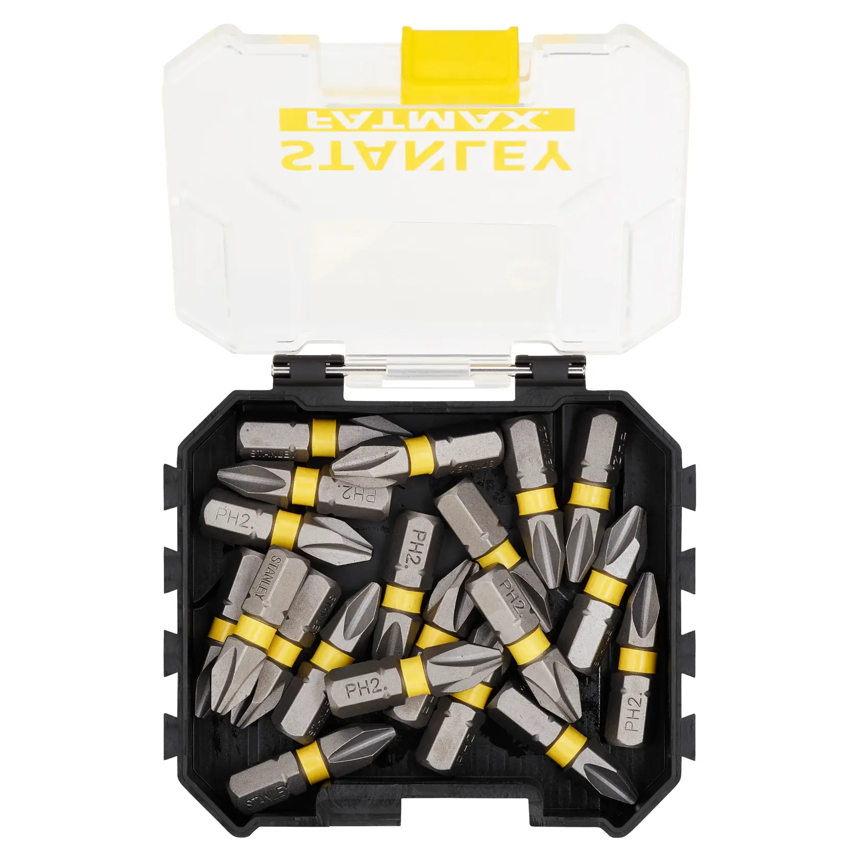 STANLEY STA88569 Schraubendreher-Bit-Set im schwarzen Kasten mit klarer Abdeckung, Draufsicht