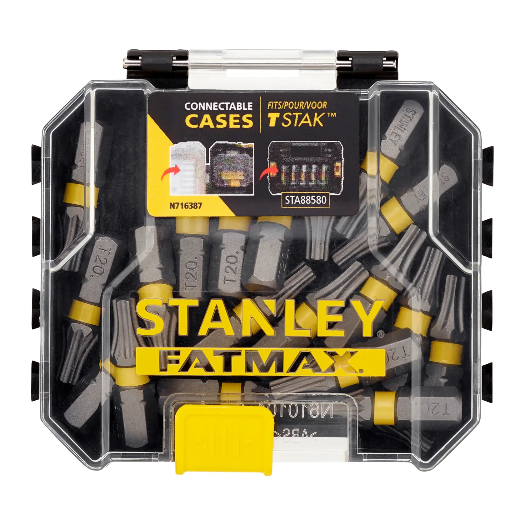 Foto vom STANLEY STA88570-XJ FATMAX Schraubbits-Set in transparenter Box mit gelbem Verschluss, Vorderansicht.