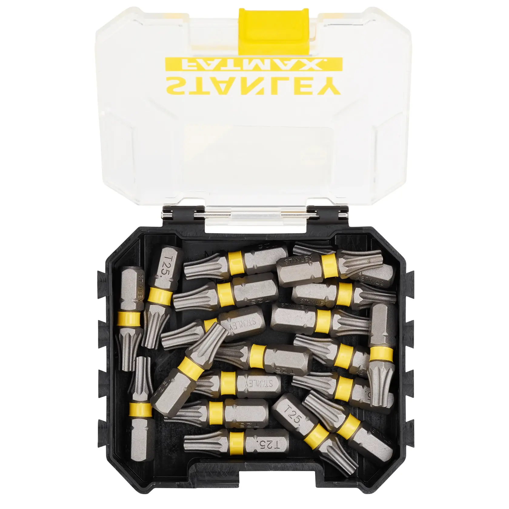 STANLEY STA88571 Bit-Set mit gelben Ringen in schwarzer Box, Aufsicht, transparenter Deckel offen.