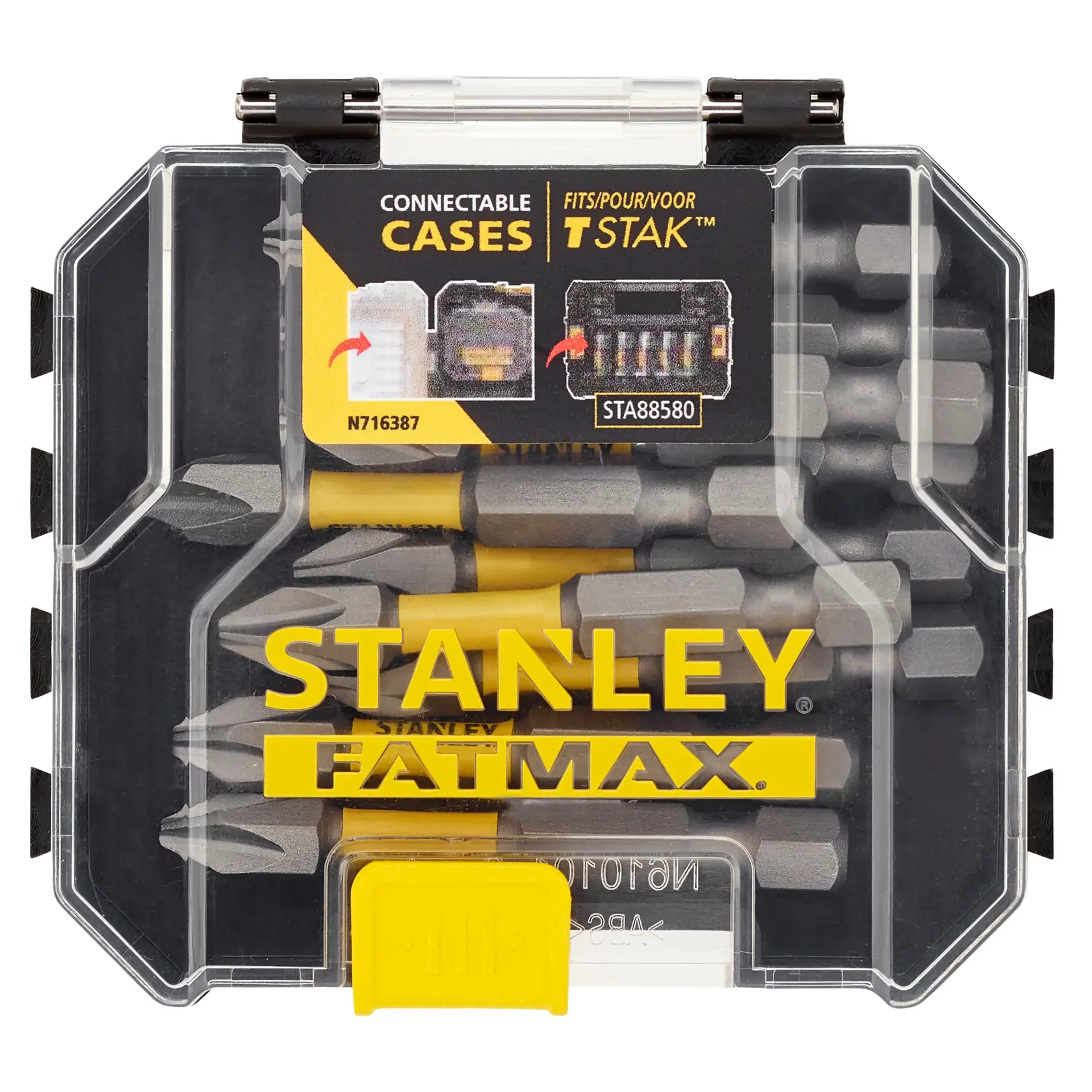 STANLEY STA88573 Schraubbits-Set in transparenter FATMAX-Box, Vorderansicht mit verschiedenen Bits und gelbem Verschluss.