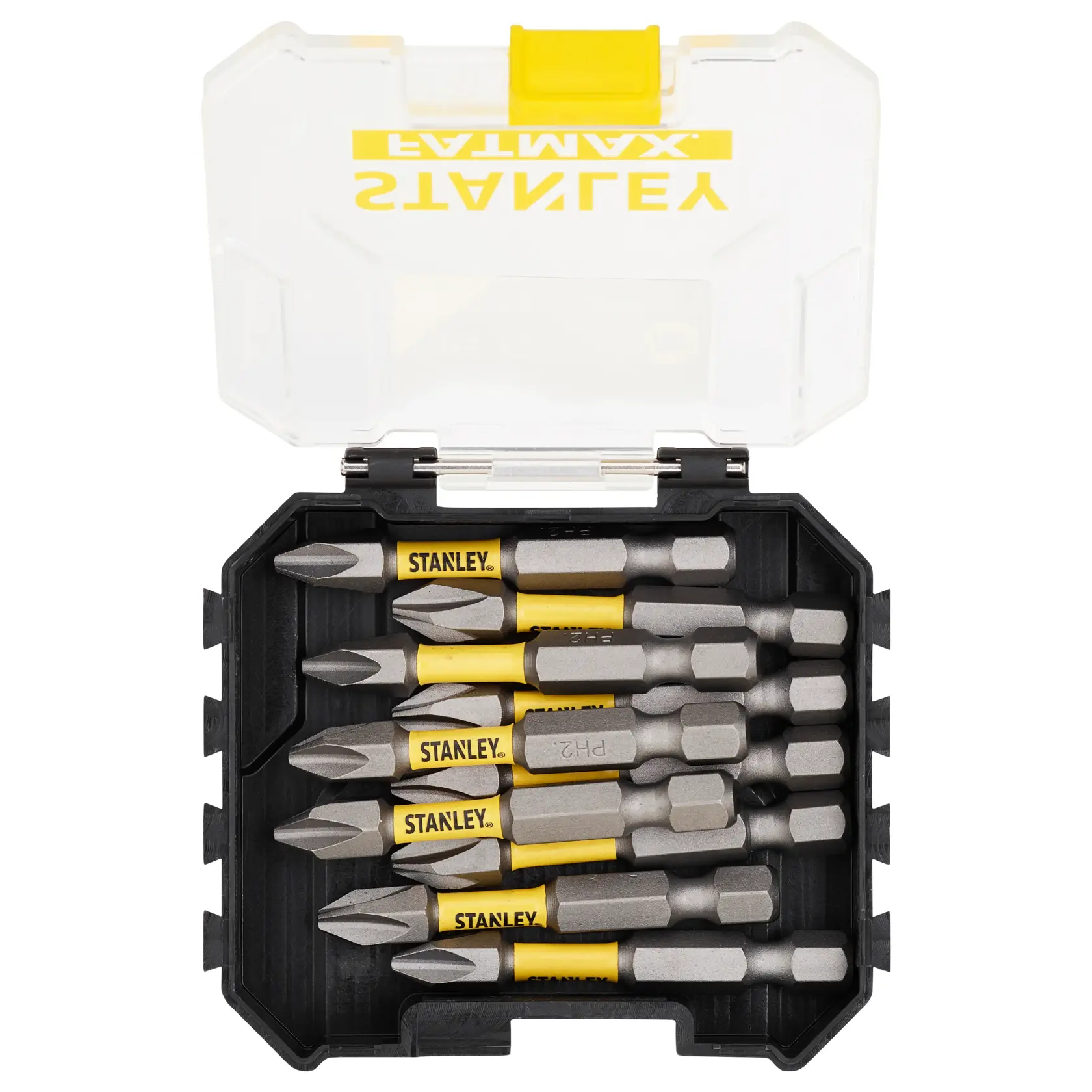 Stanley Schrauber-Bit-Set in schwarzem Kasten mit Klarsichtdeckel, mehrere Bits mit gelben Markierungen.