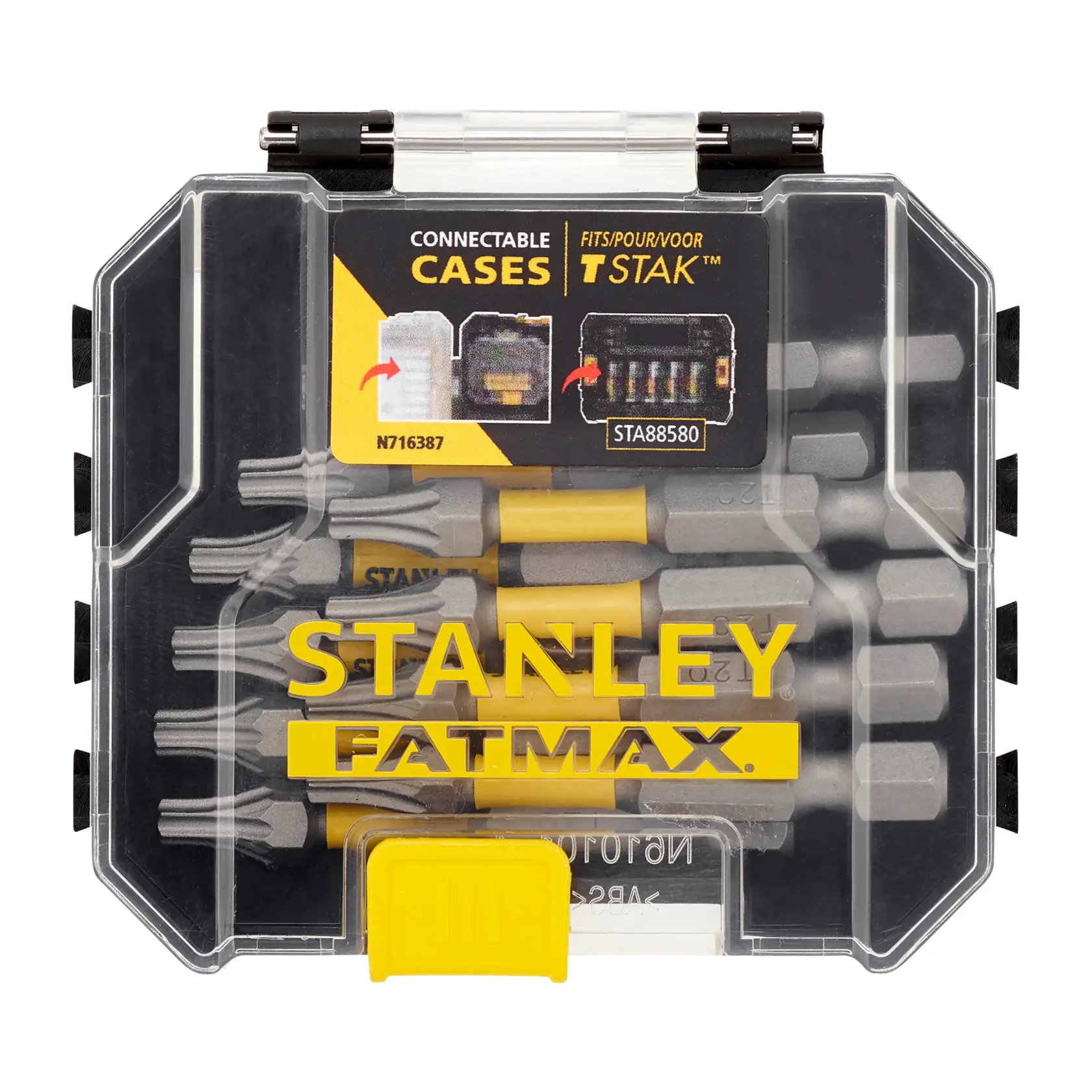 STANLEY STA88574-XJ FATMAX Bit-Set-Kasten, klarer Deckel, gelber Verschluss, Vorderansicht, Fotografie.