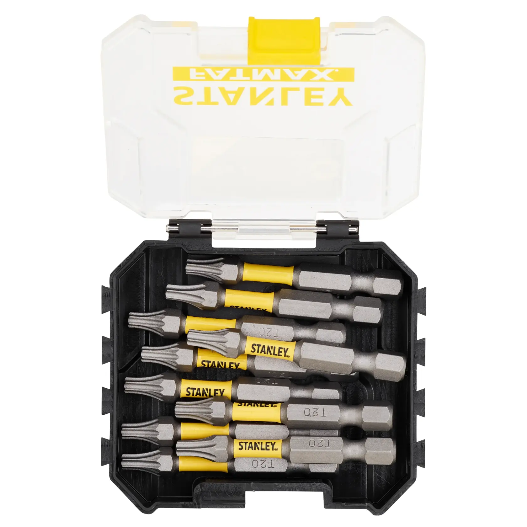 STANLEY STA88574-XJ Torx-Bit-Set in schwarzer Box, gelbe und silberne Bits, Draufsicht.