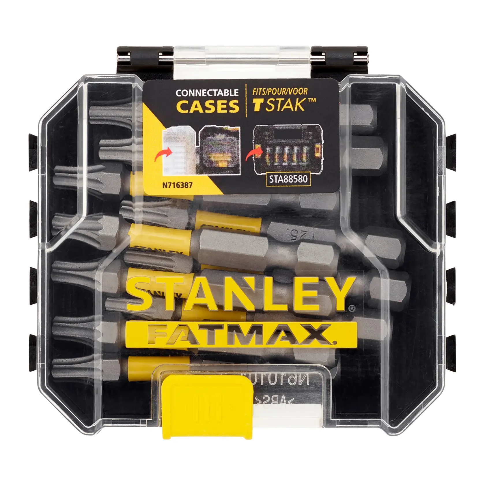 STANLEY STA88575-XJ Schrauber-Bit-Set in transparenter Kunststoffbox, Draufsicht mit gelbem FATMAX-Logo.