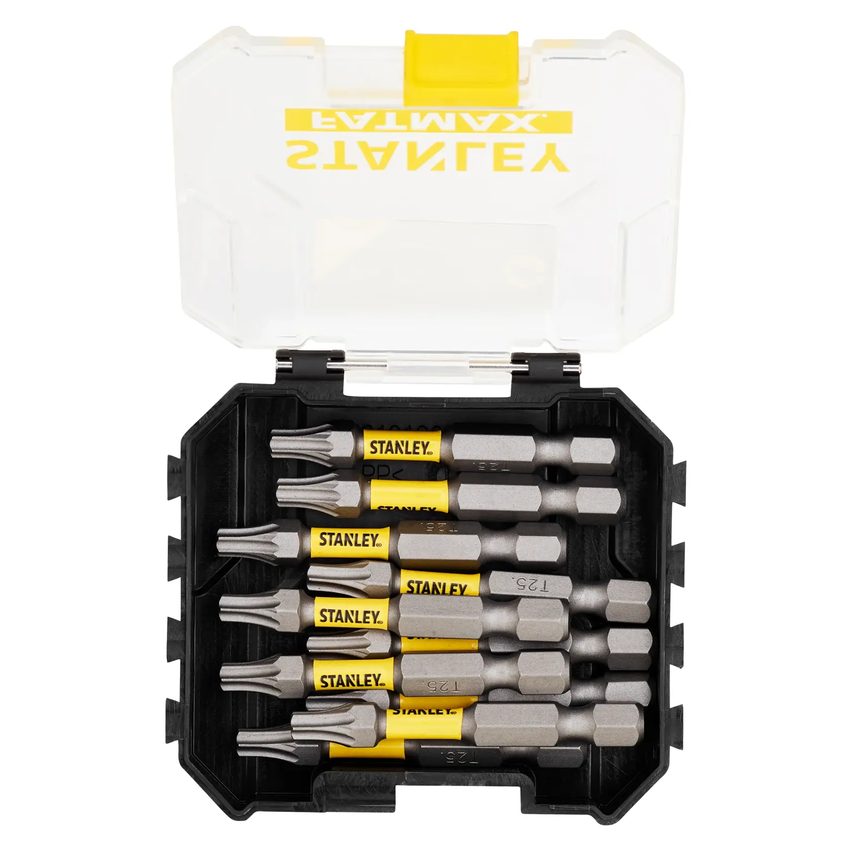 STANLEY STA88575-XJ Set mit sechs Torx-Schrauberbits in gelb-schwarzer Kunststoffbox, Draufsicht.