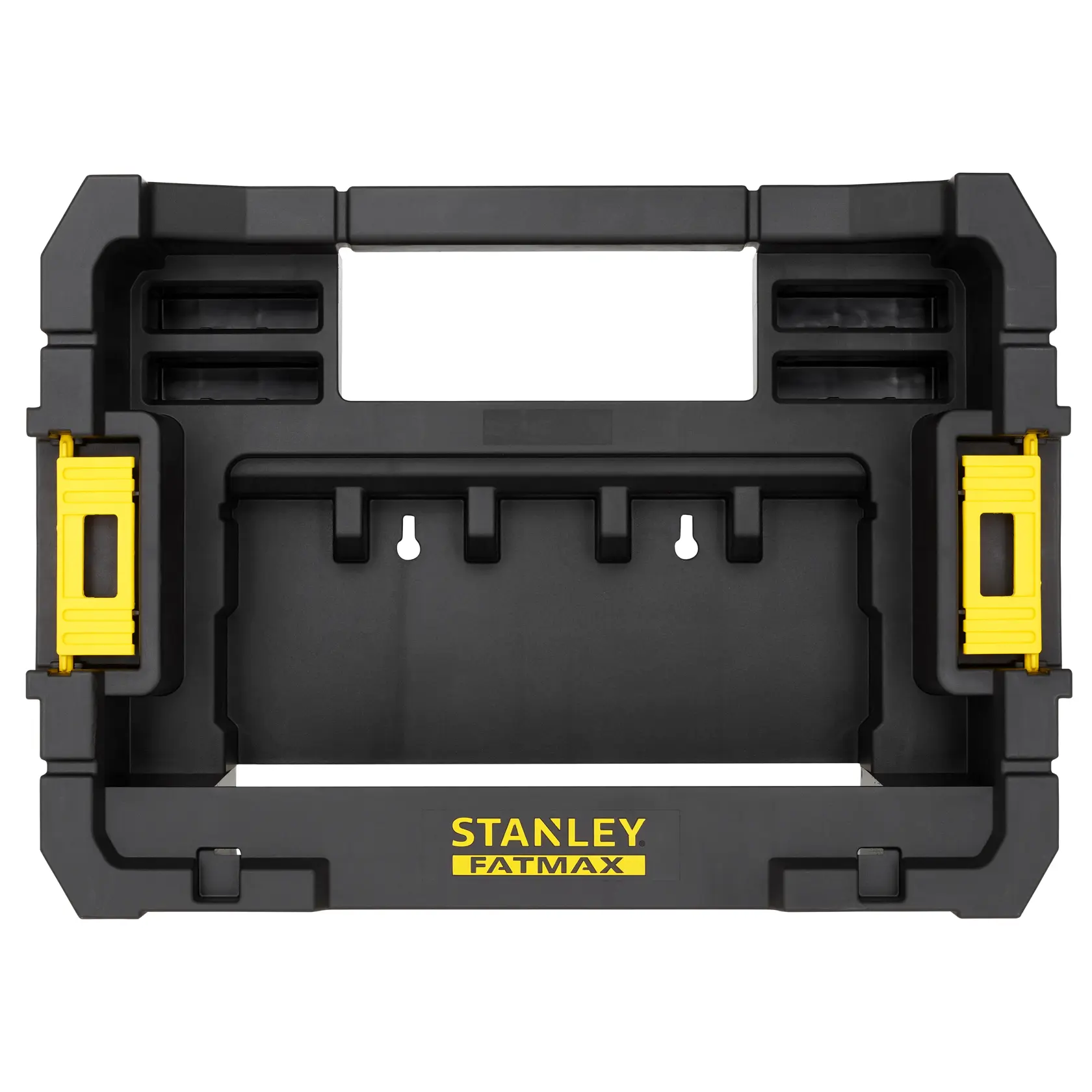 STANLEY STA88580 Werkzeugkasten-Wandrahmen, schwarz mit gelben Verschlüssen, Frontalansicht auf weißem Hintergrund.