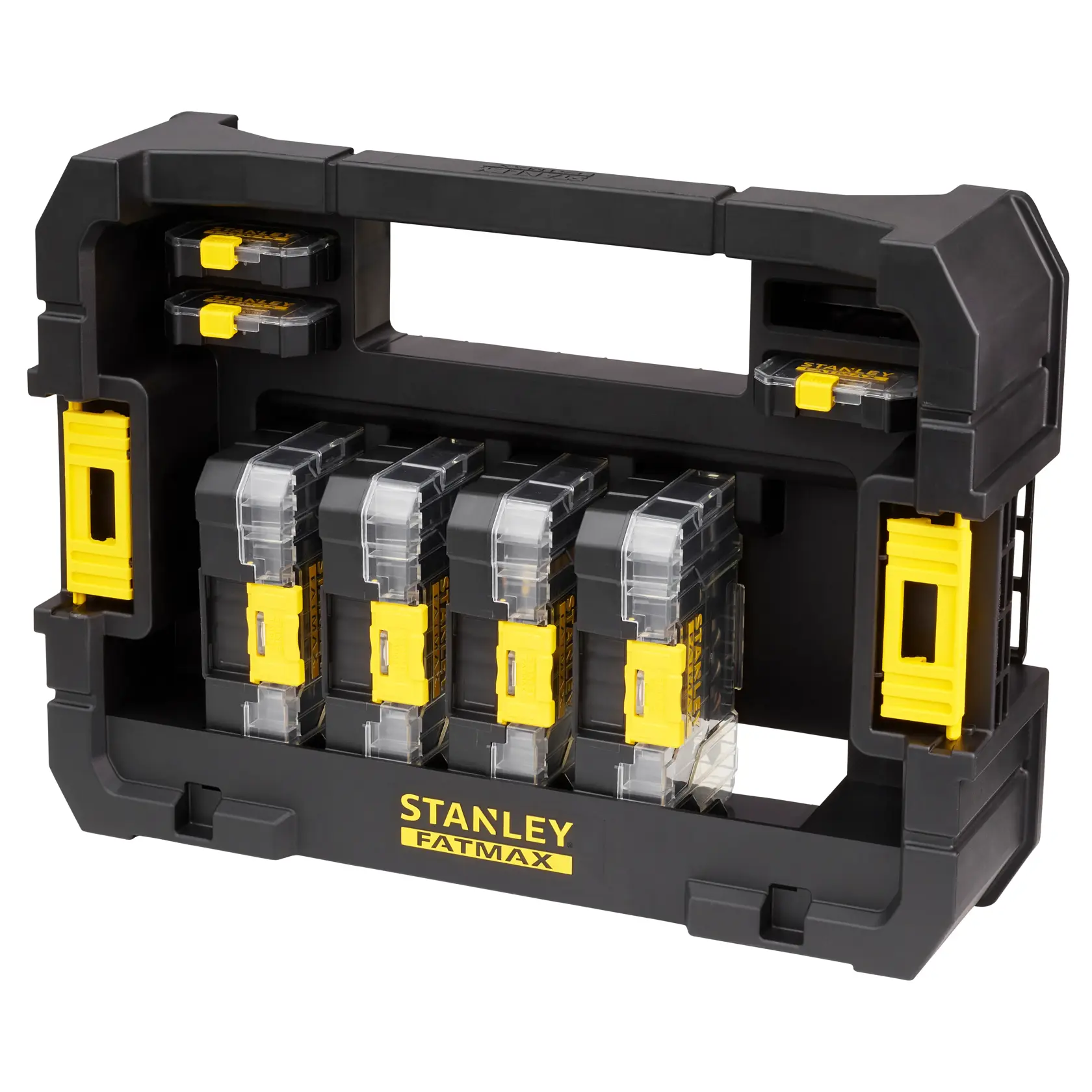 STANLEY STA88580 Werkzeug-Organizer mit schwarzem Rahmen, gelben Verschlüssen und klaren Fächern, Vorderansicht.