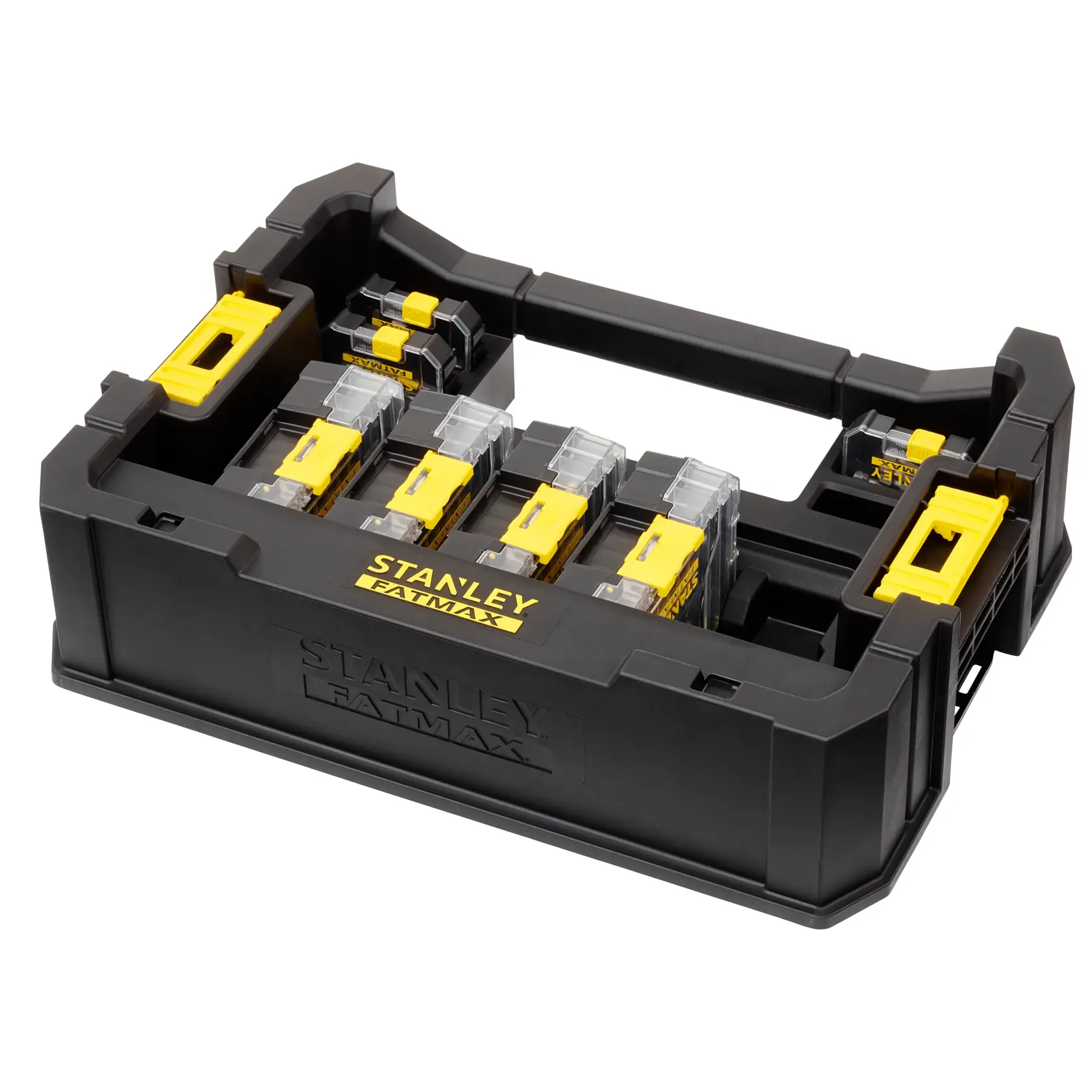STANLEY STA88580 Organizer, schwarze und gelbe Fächerbox, Fotografie, schräg auf weißem Hintergrund.