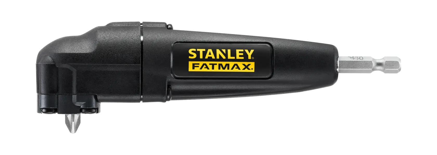 STANLEY STA88582-XJ Winkel-Schraubendreher-Aufsatz, schwarz, FATMAX Logo, Seitenansicht, weißer Hintergrund.
