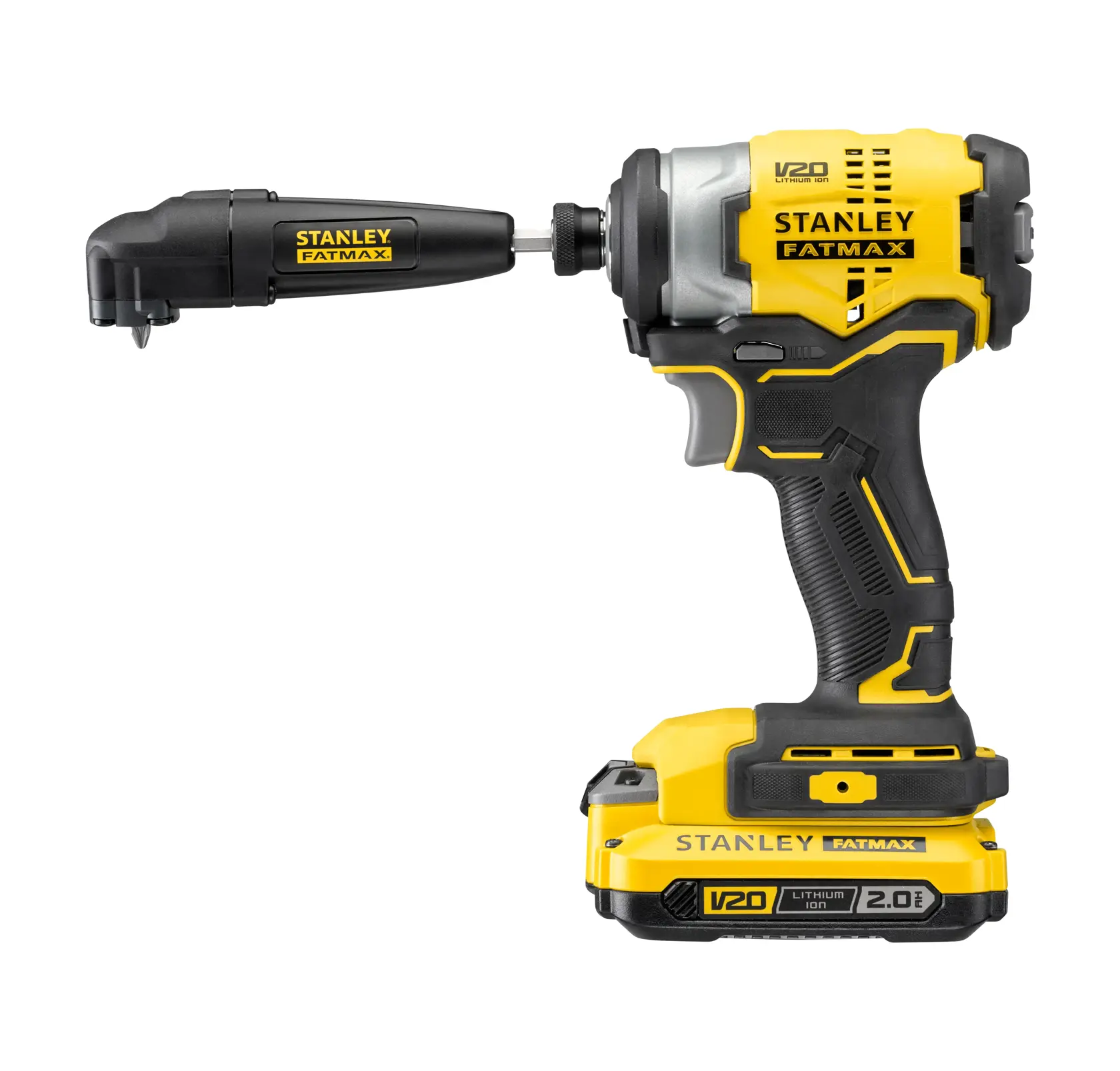 Stanley STA88582 kabelloser Schlagschrauber mit Seitengriff, gelb und schwarz, seitliche Produktaufnahme.