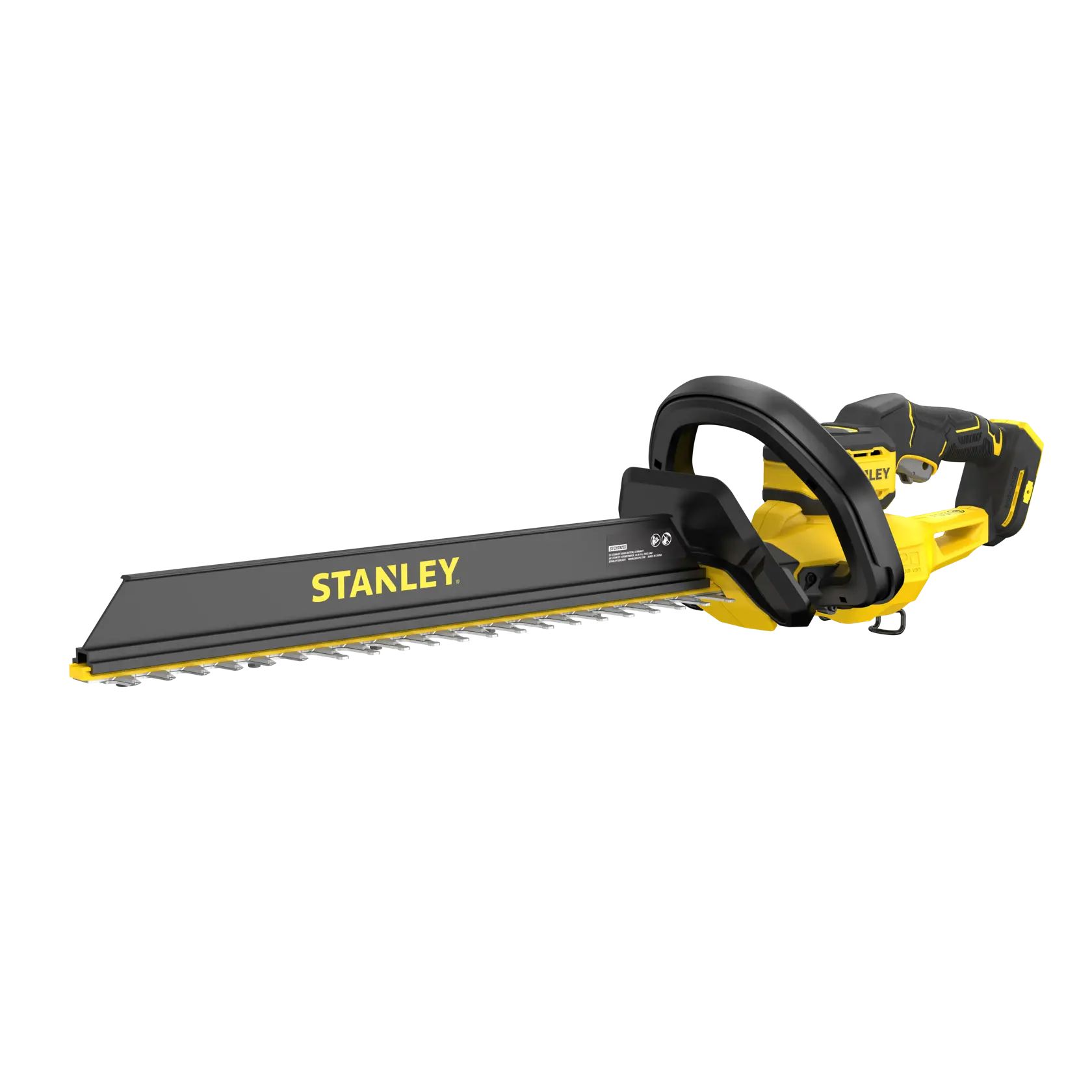 STANLEY STCHT8255B Heckenschere, schwarz und gelb, Seitenansicht auf weißem Hintergrund.