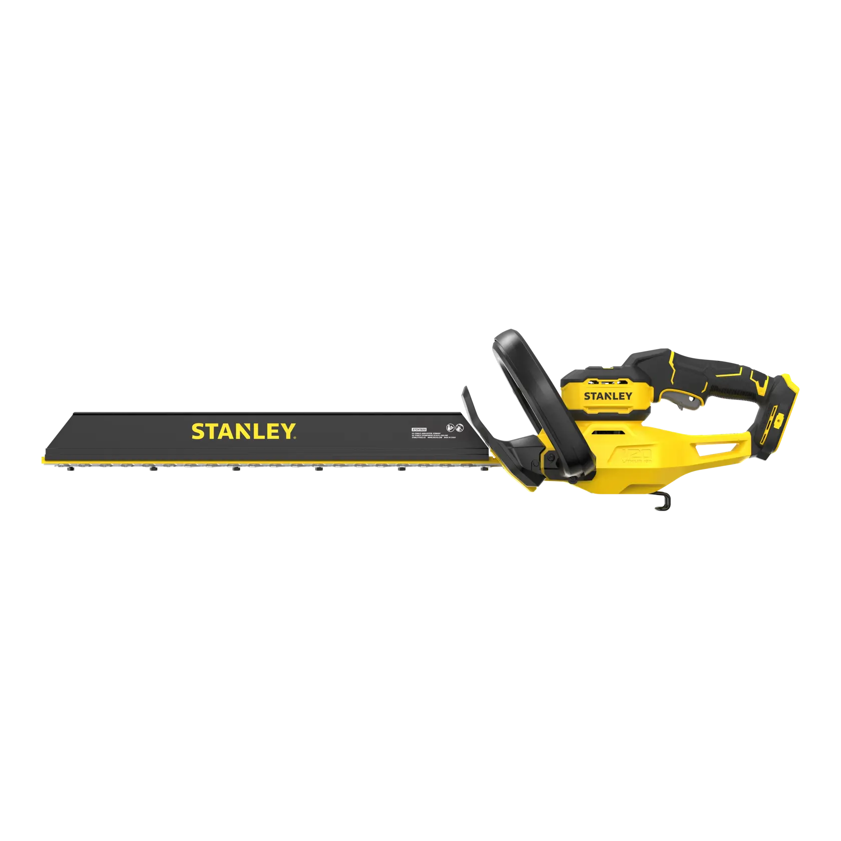 STANLEY STCHT8255B Heckenschere, gelb und schwarz, Seitenansicht auf weißem Hintergrund.