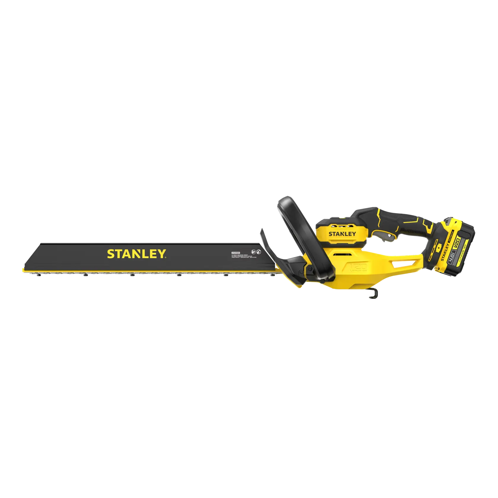 STANLEY STCHT8255M1 Akku-Heckenschere in Gelb und Schwarz, Seitenansicht auf weißem Hintergrund.