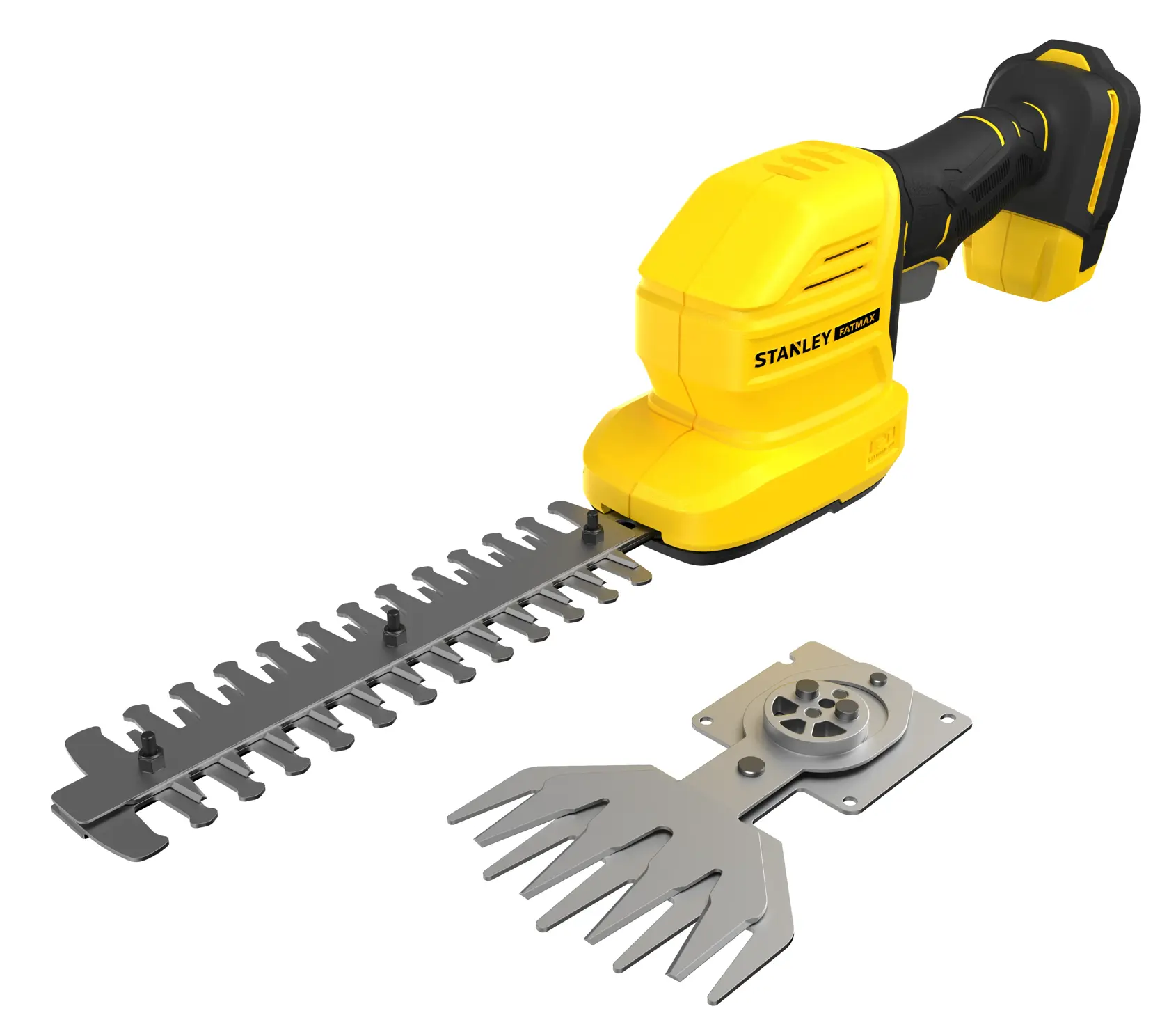Foto des STANLEY STCSS20B gelber kabelloser Strauchschere mit zusätzlichem Klingenaufsatz, Produktwinkel auf weißem Hintergrund.