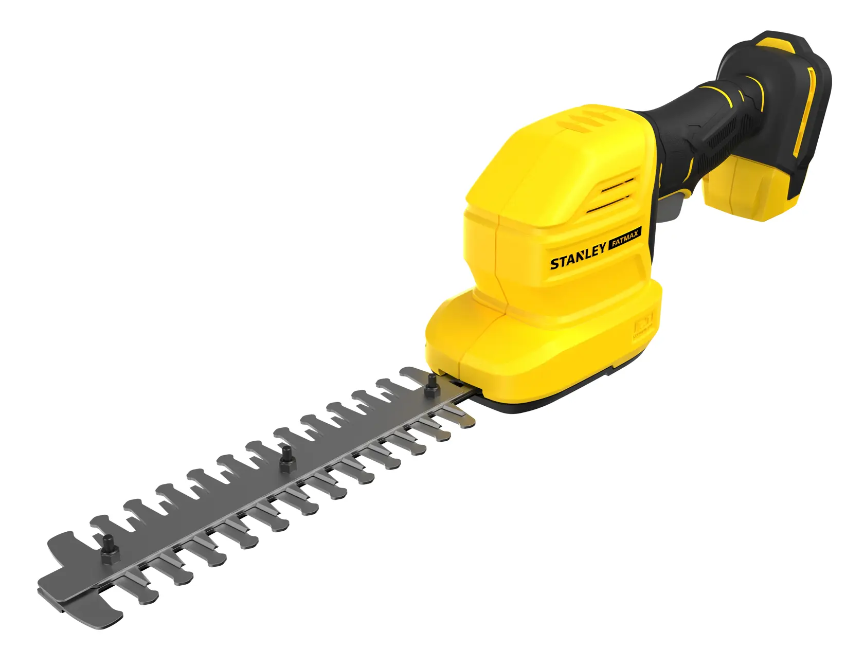 STANLEY STCSS20B kabellose gelbe Strauchschere, Seitenansicht auf weißem Hintergrund.