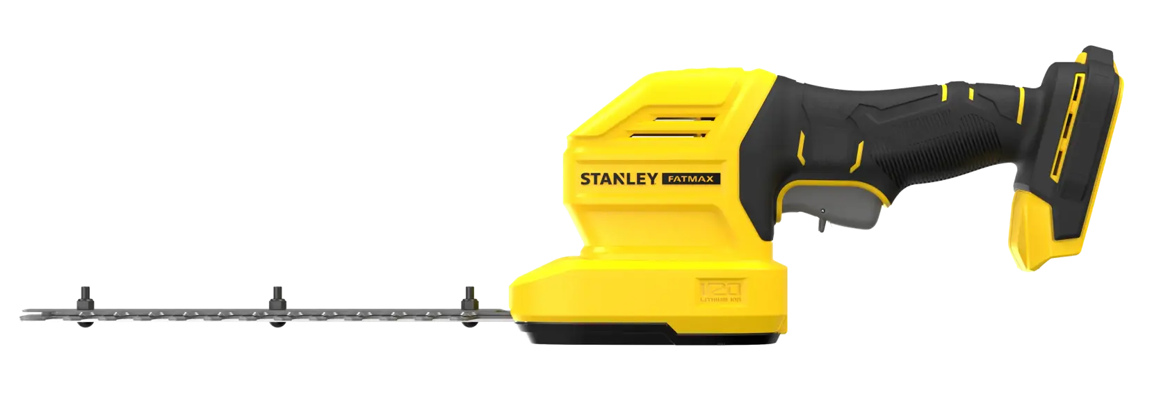 STANLEY STCSS20B gelb-schwarzer Heckenschneider, Seitenansicht, Fatmax-Serie, auf weißem Hintergrund.