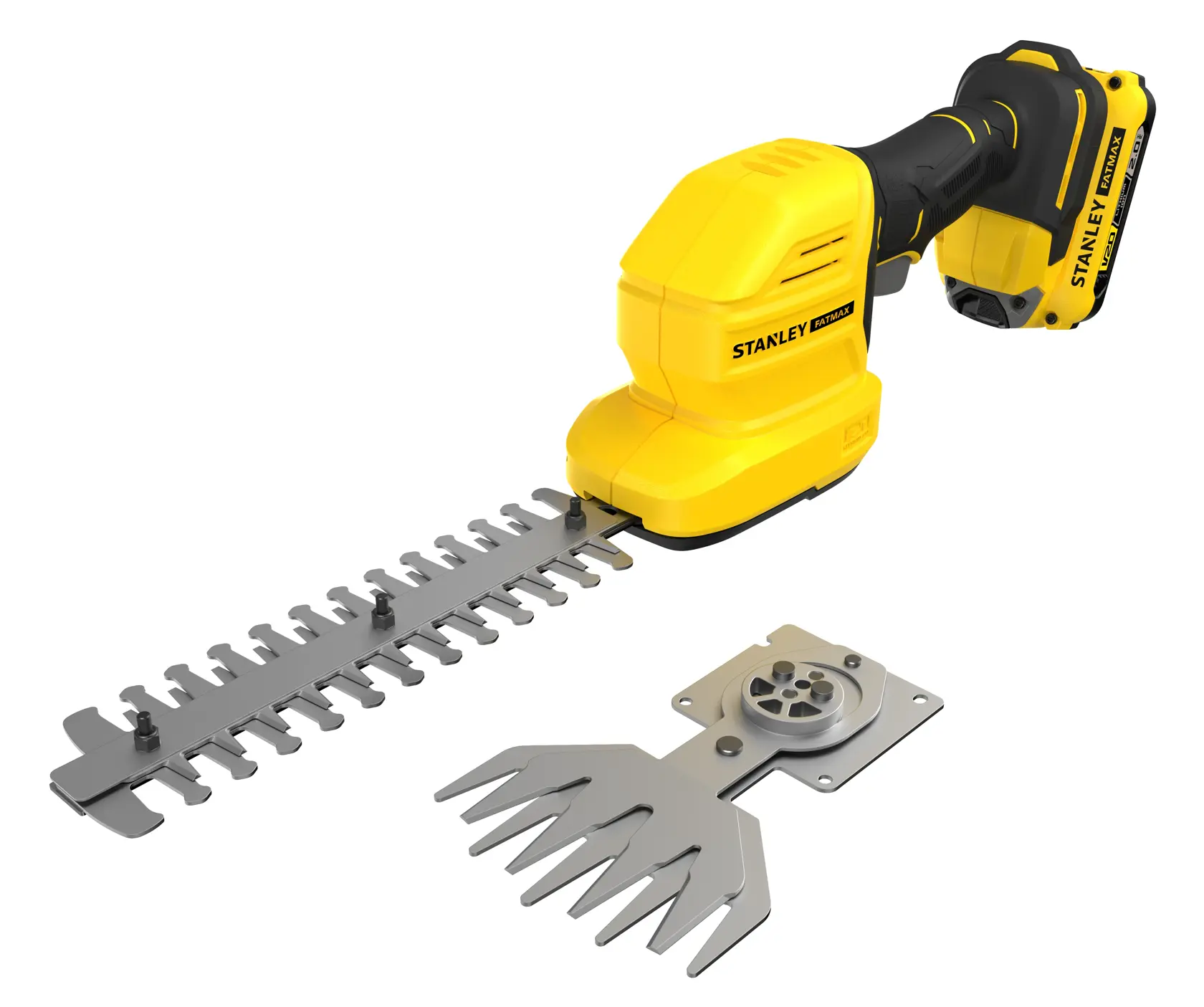 STANLEY STCSS20D1 kabelloser Heckenschneider mit gelbem Gehäuse, schwarzem Griff und zwei Metallklingen, Vorderansicht.