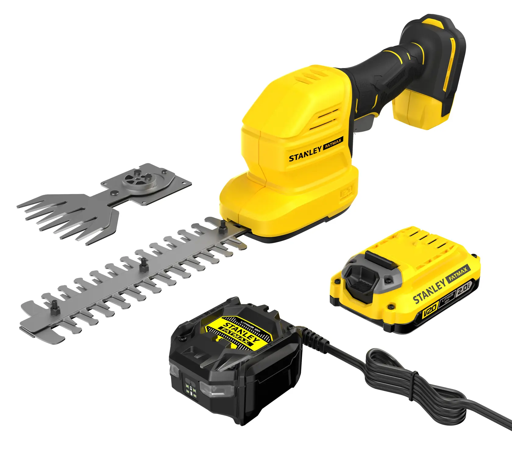 STANLEY STCSS20D1 kabelloses Gartenscheren-Set, gelb-schwarz, Seitenansicht, mit Akku und Ladegerät.