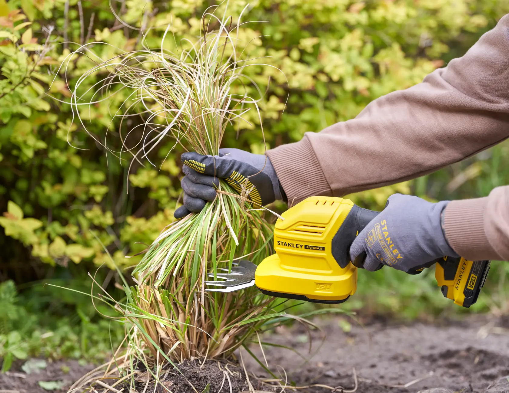 Foto der STANLEY STCSS20D1 Grasschere im Einsatz, schneidet Pflanzen im Garten, Benutzer trägt Handschuhe.