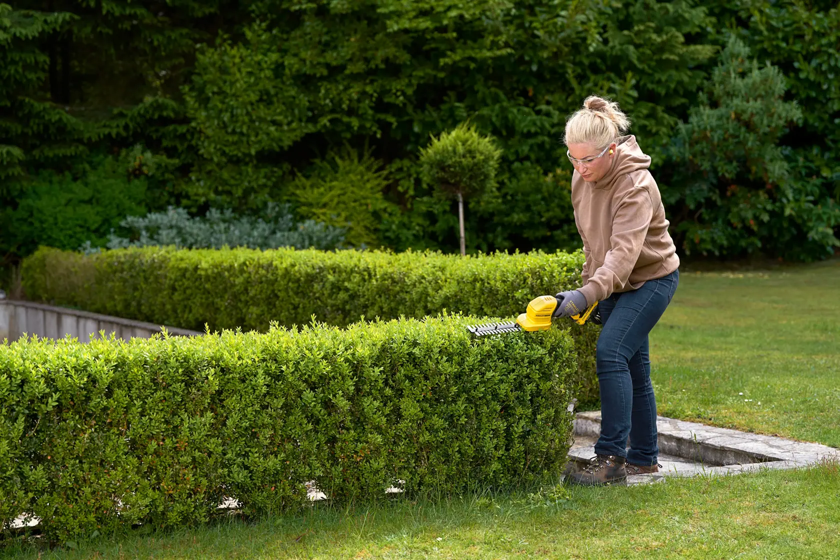 Foto einer Person, die mit einem STANLEY STCSS20D1 Heckenschneider eine Hecke im Garten schneidet.