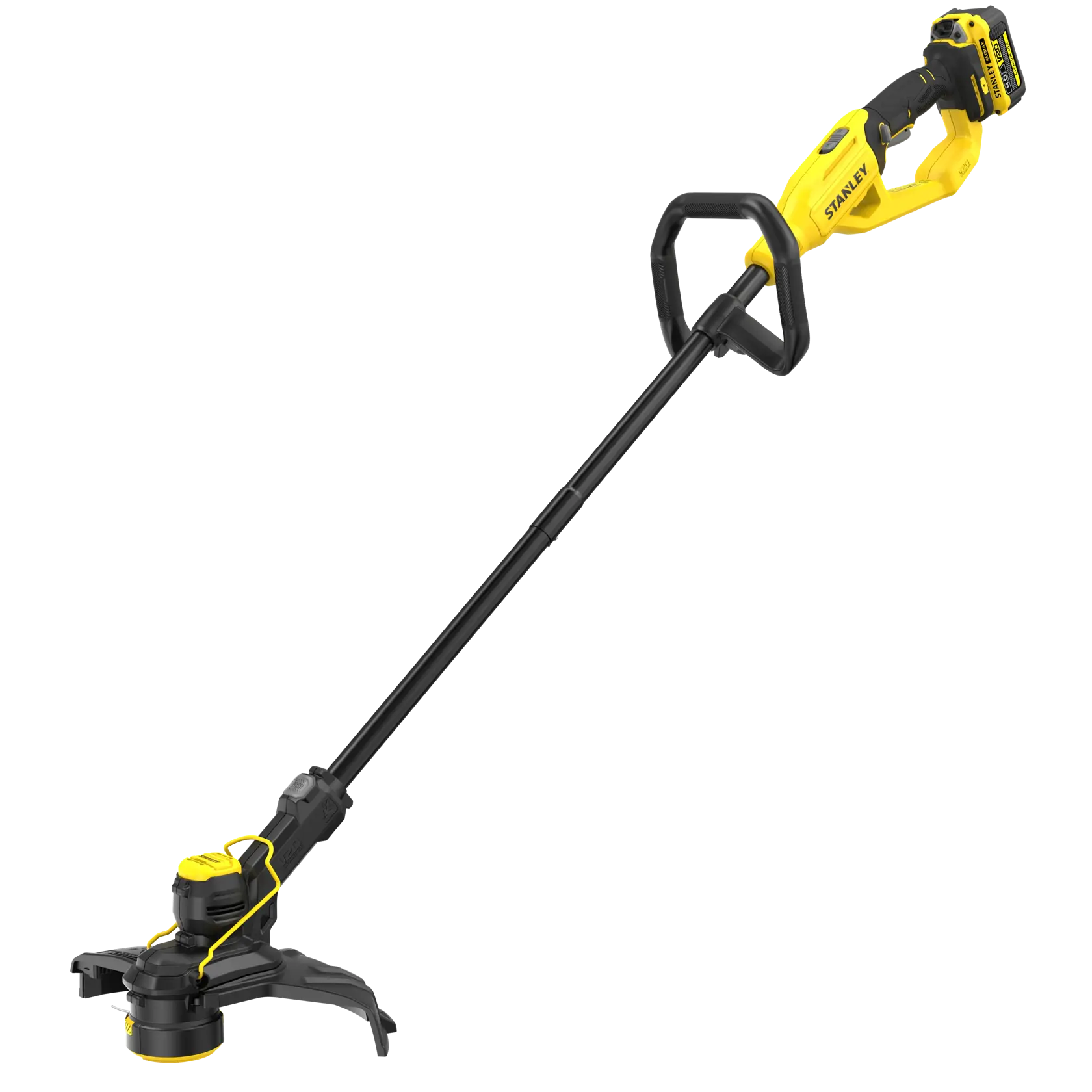 STANLEY STCST933M1 kabelloser Rasentrimmer, gelb und schwarz, Seitenansicht auf weißem Hintergrund.