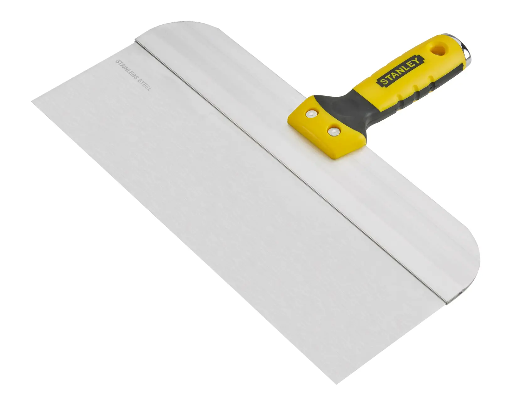 STANLEY STHT0-05776 Spachtel mit Edelstahlklinge und gelb-schwarzem Griff, schräge Draufsicht.