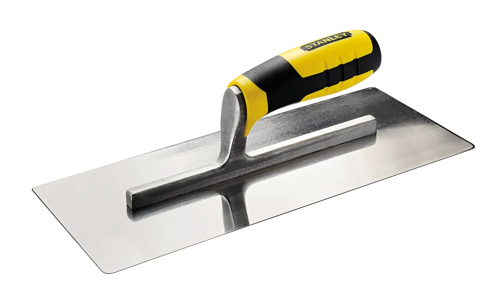 STANLEY STHT0-05899 Maurerkelle, Edelstahlklinge, ergonomischer schwarz-gelber Griff, schräge Ansicht.