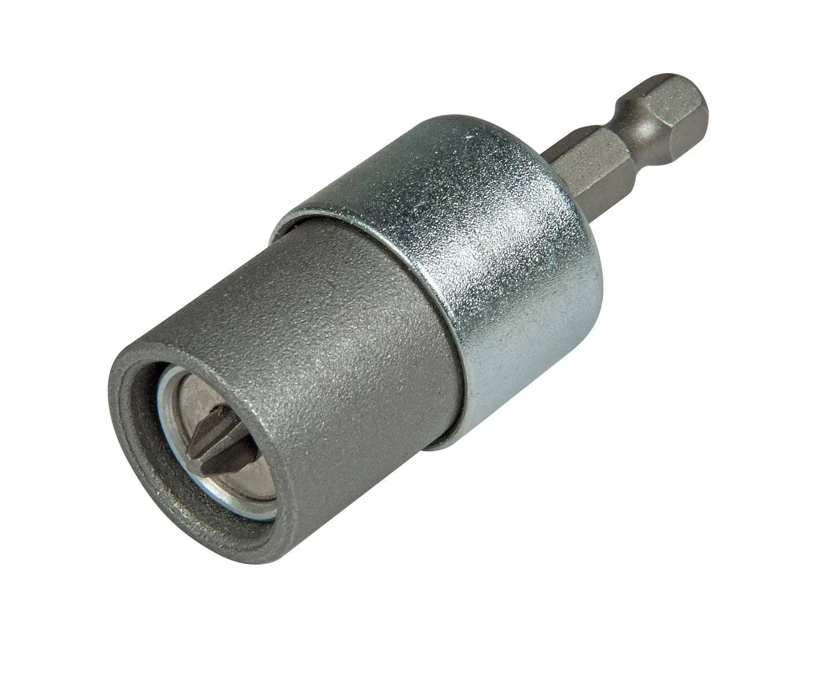 Nahaufnahme eines STANLEY Magnet-Schraubenhalters mit Bit, entwickelt für die Verwendung mit Elektroschraubern. Das Werkzeug