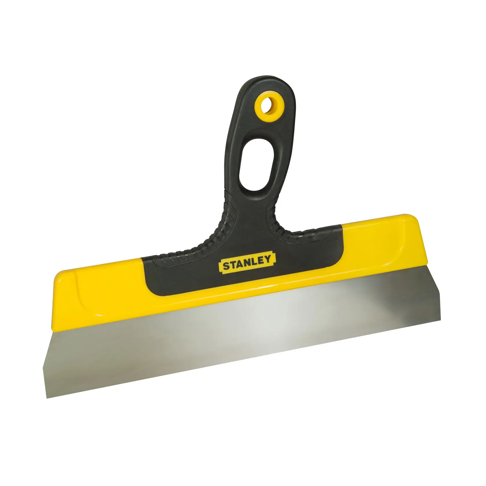 Breiter Spachtel Stanley mit schwarz-gelbem Griff und Stahlklinge, zum Auftragen von Spachtelmasse.