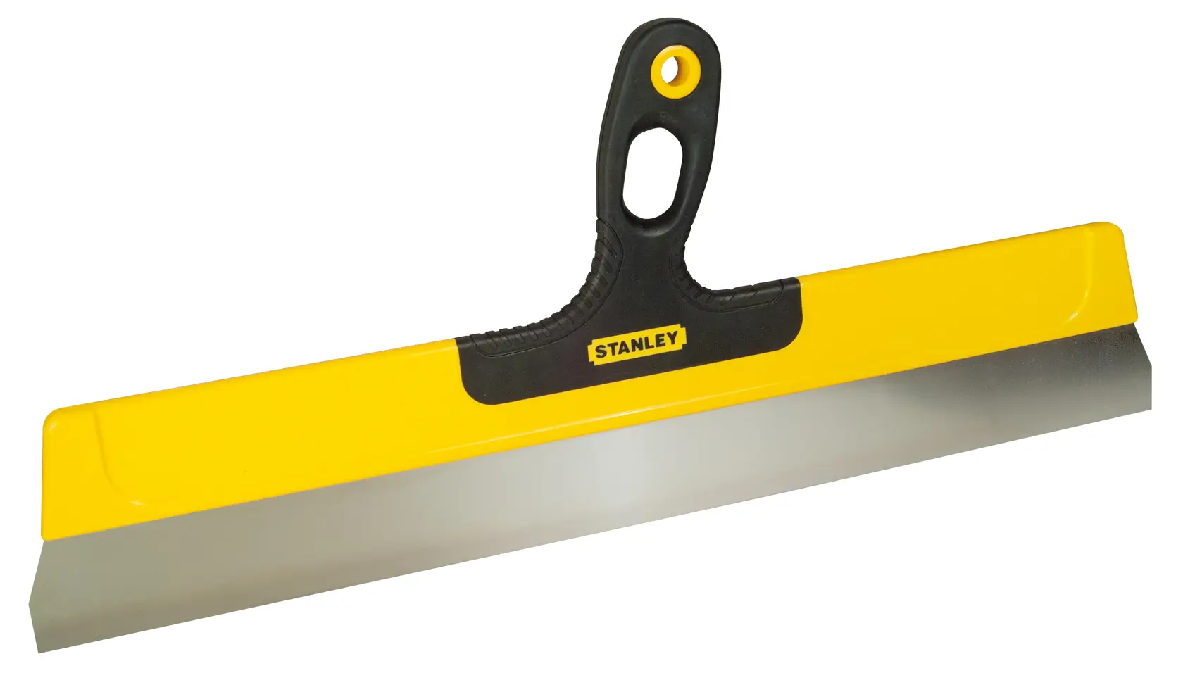 Stanley Spachtel mit gelbem Griff und breiter Edelstahlklinge, ideal für glatte Oberflächen.
