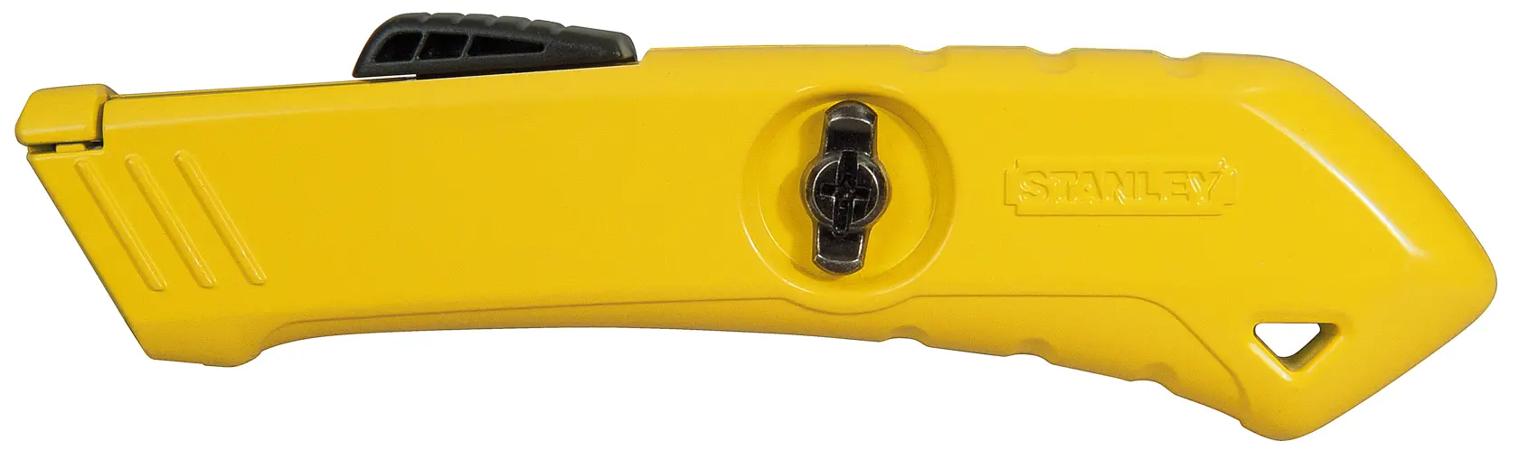 STANLEY STHT0-10193 gelbes Universalmesser, Seitenansicht, mit schwarzem Schieber und Verriegelung, Fotografie vor weißem Hintergrund.