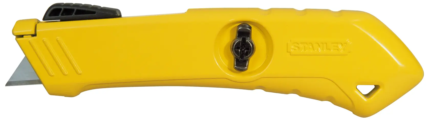 STANLEY STHT0-10193 gelbes Universalmesser, Seitenansicht, mit einziehbarer Klinge und schwarzem Schieber.