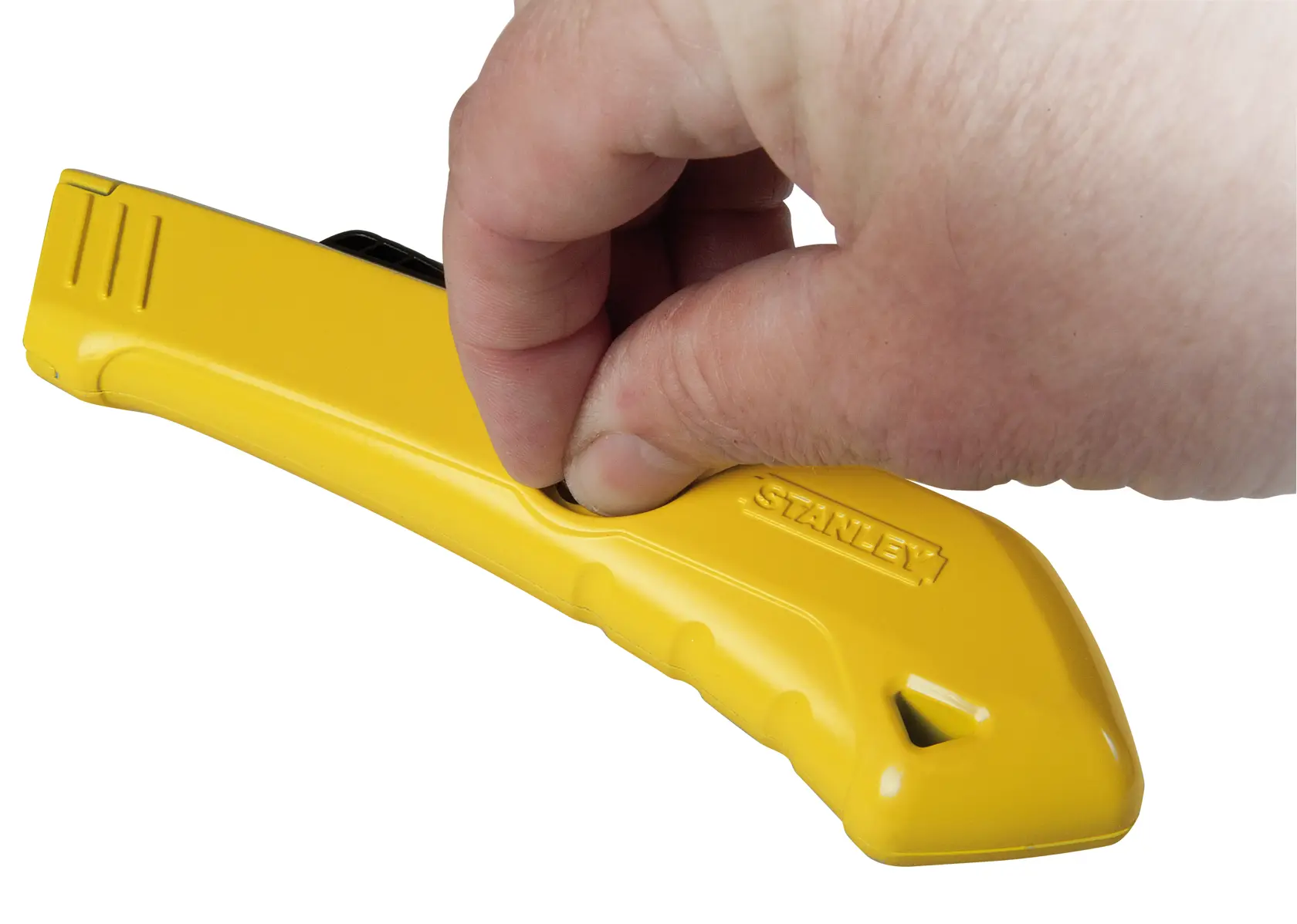 STANLEY STHT0-10193 gelbes Universalmesser in der Hand, Seitenansicht, ergonomisches Design und Markenlogo.