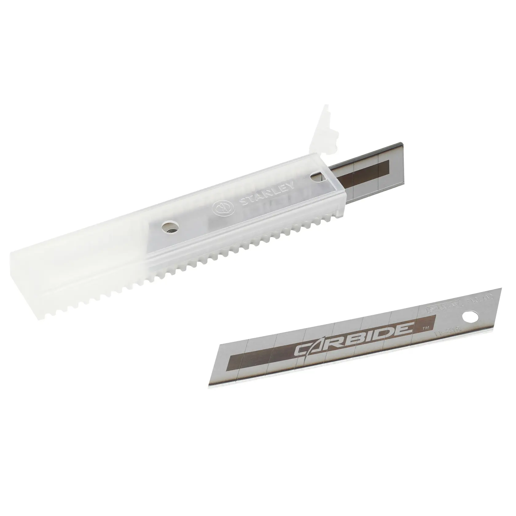 STANLEY STHT0-11818 Cutterklingen im transparenten Kunststoffetui, Carbide Branding, Produktfoto, Winkelansicht.