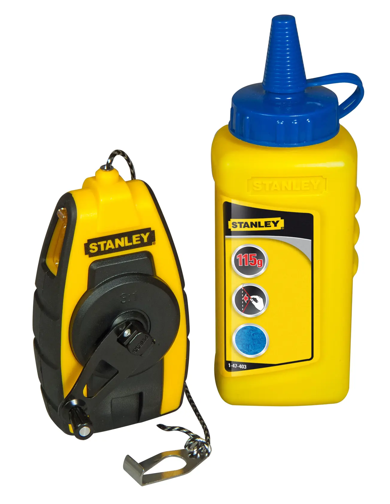 STANLEY STHT0-47244 Schlagschnur und blaue Kreideflasche, Vorderansicht auf weißem Hintergrund.