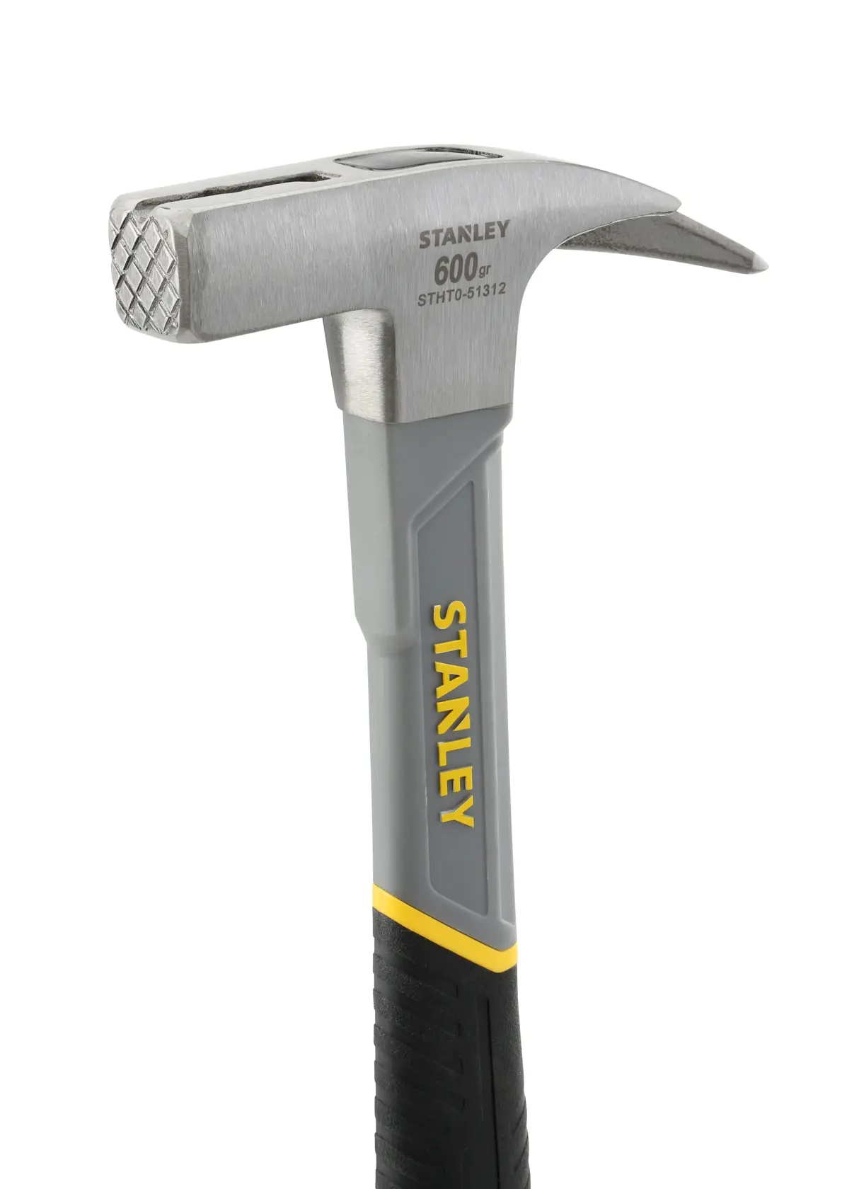 STANLEY STHT0-51312 Latthammer, grauer Stahlkopf mit Riffelung, gelb-schwarzer ergonomischer Griff, Frontansicht.