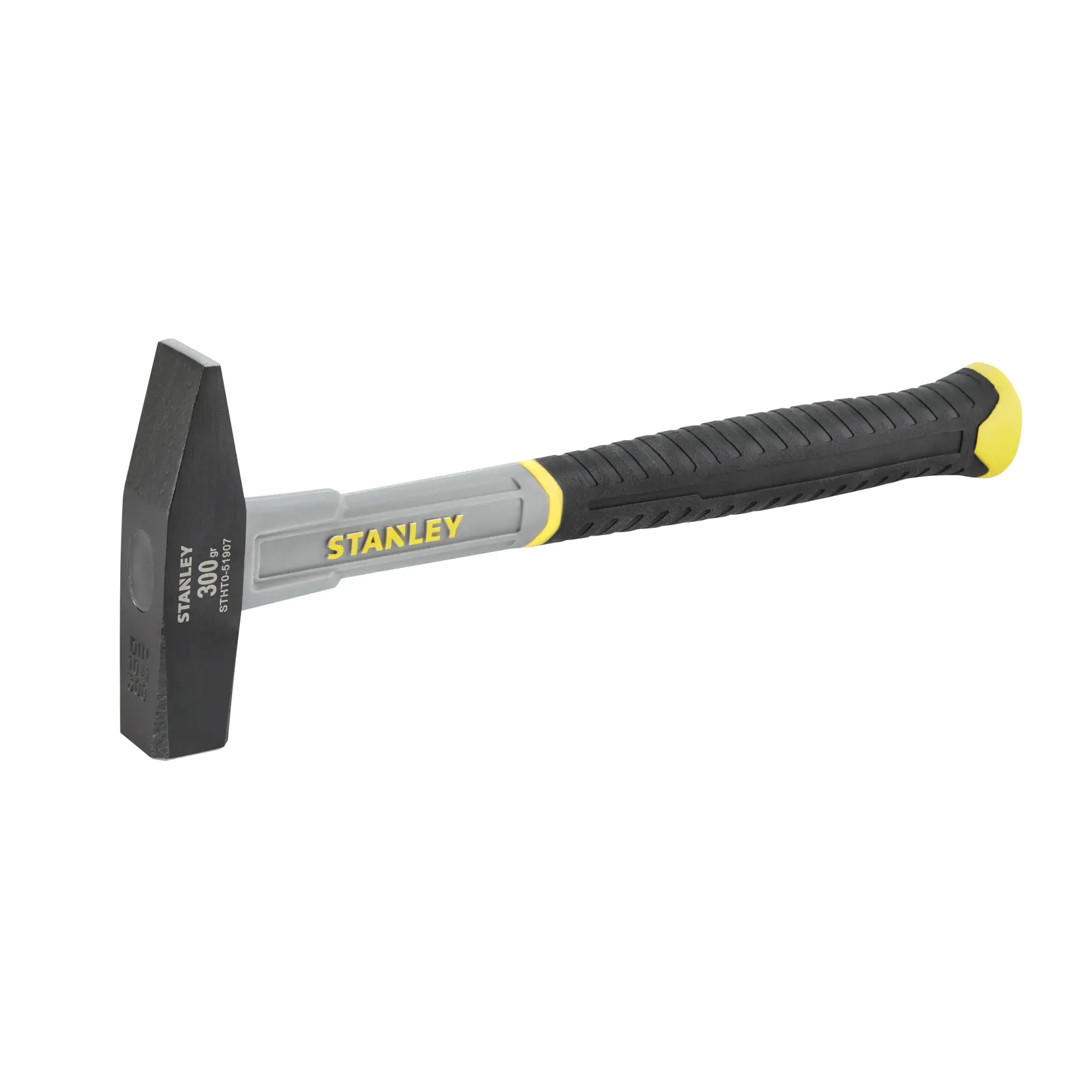 Stanley 300g Hammer mit schwarzem und gelbem Griff, Metallkopf, auf weißem Hintergrund.