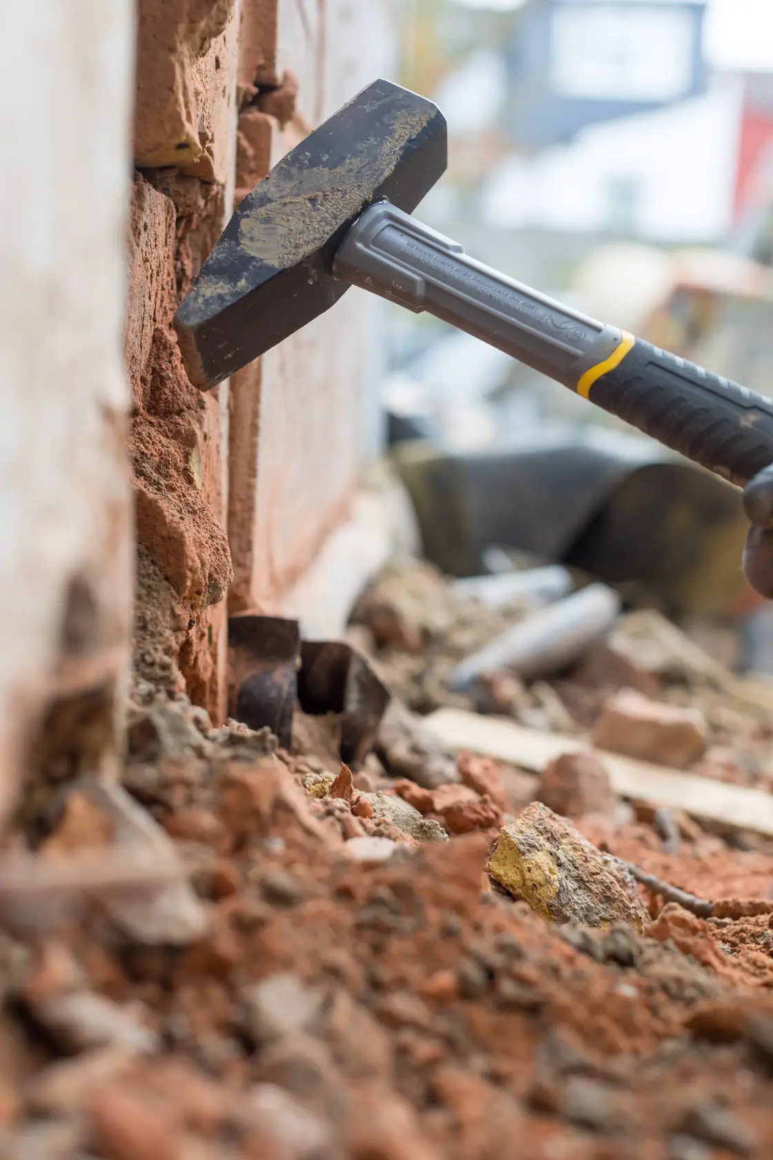 STANLEY STHT0-51910 Hammer bricht Ziegelmauer, Nahaufnahme auf Baustelle.
