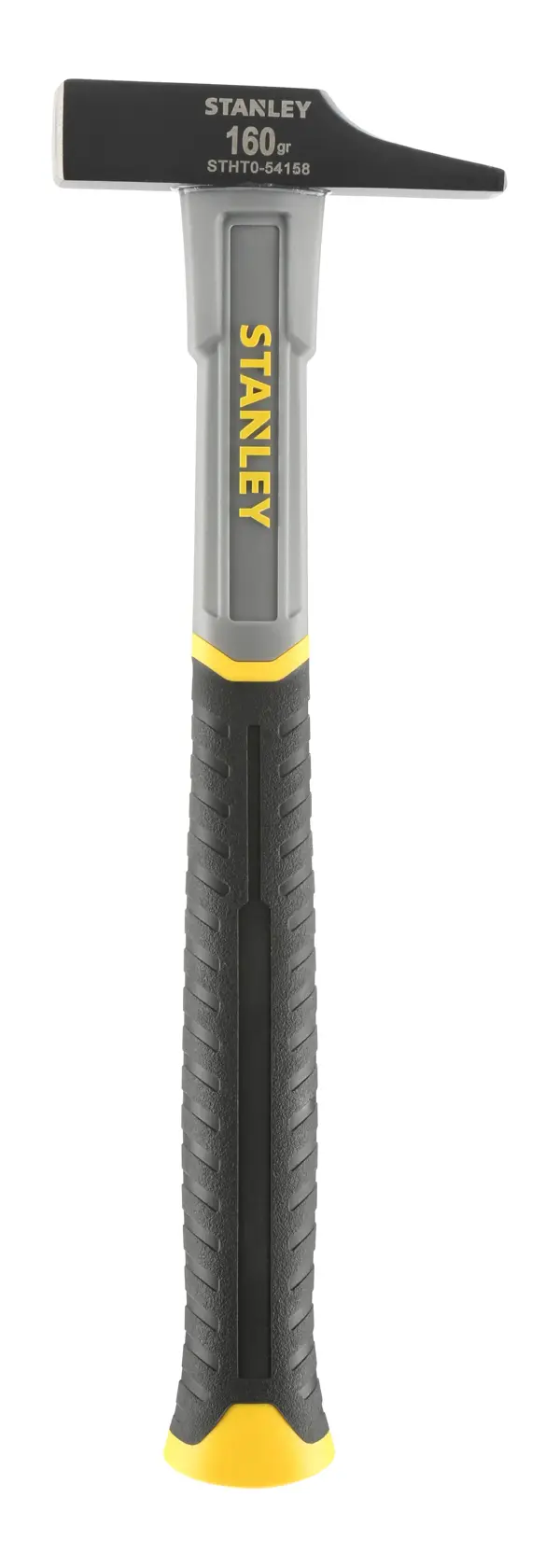 Stanley Hammer mit schwarzem und gelbem Griff, Modell STHT0-54158, stehend vor weißem Hintergrund.