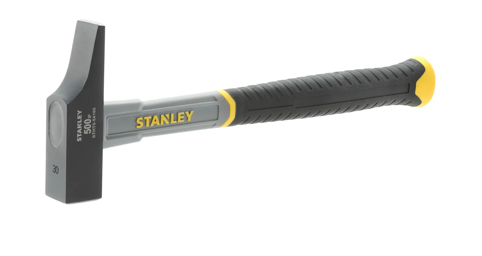 Stanley Hammer mit schwarzem Kopf und gelbem, schwarzem Griff auf weißem Hintergrund.
