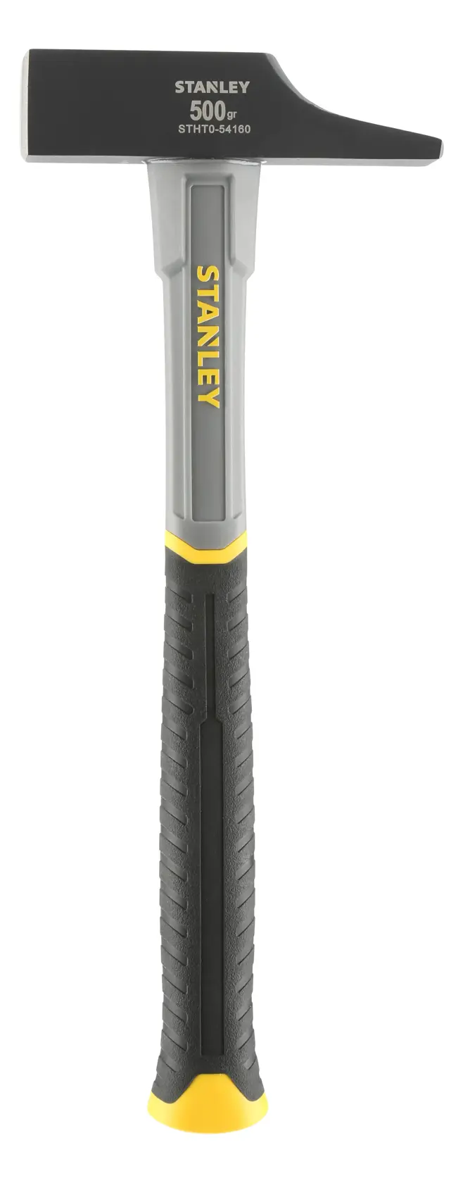 Stanley 500g Hammer mit schwarzem Kopf, grauem Griff, gelben Akzenten, Modell STHT0-54160 auf weißem Hintergrund.