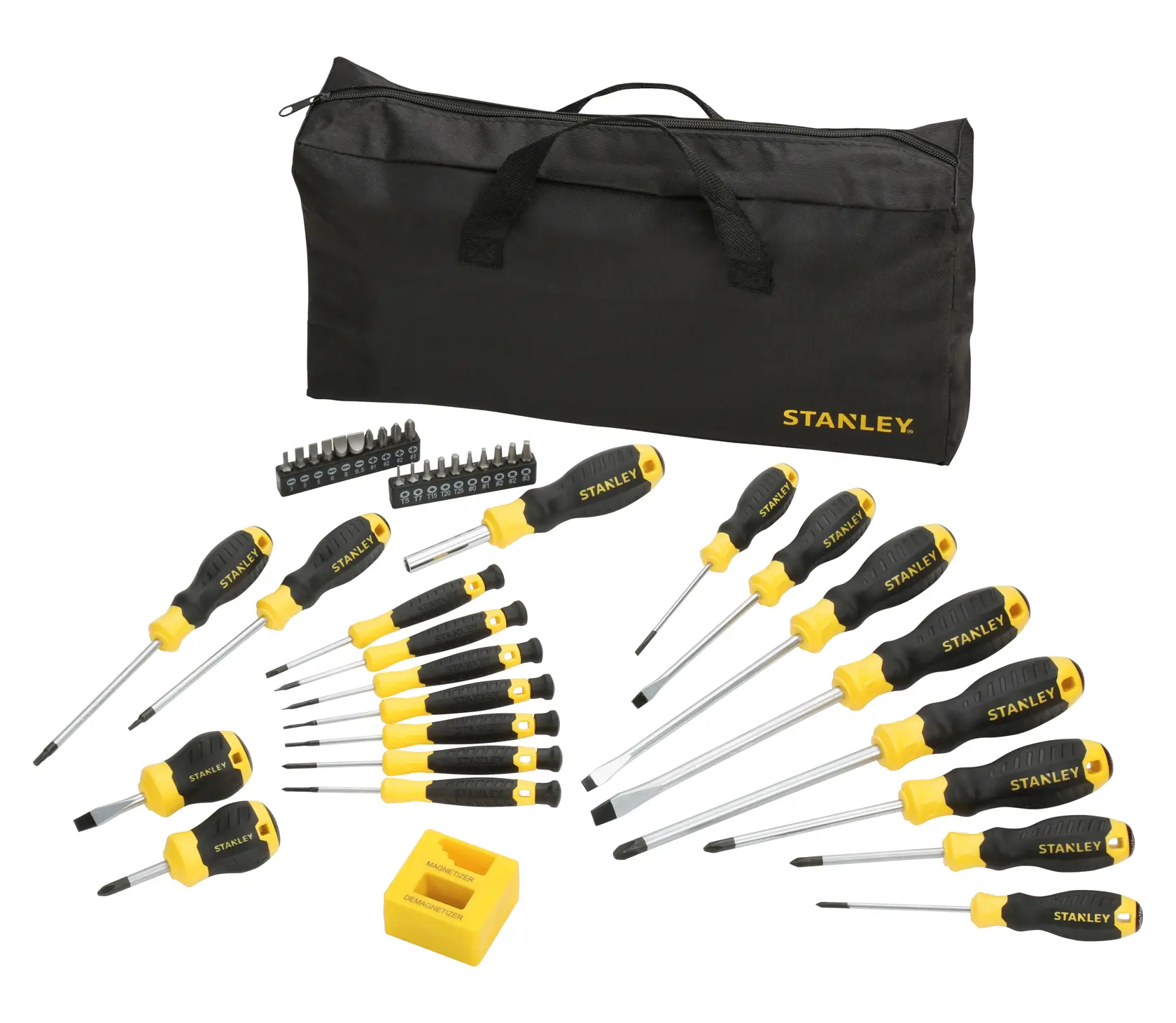 STANLEY STHT0-62113 Schraubendreher-Set mit schwarz-gelben Griffen, Bits, Tasche, Vorderansicht auf weißem Hintergrund.