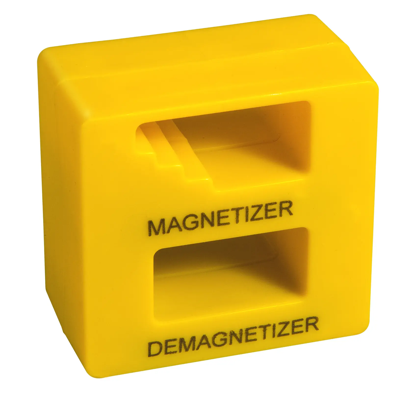 STANLEY STHT0-62113 gelber Kunststoffblock zum Magnetisieren und Entmagnetisieren, Seitenansicht auf weißem Hintergrund.