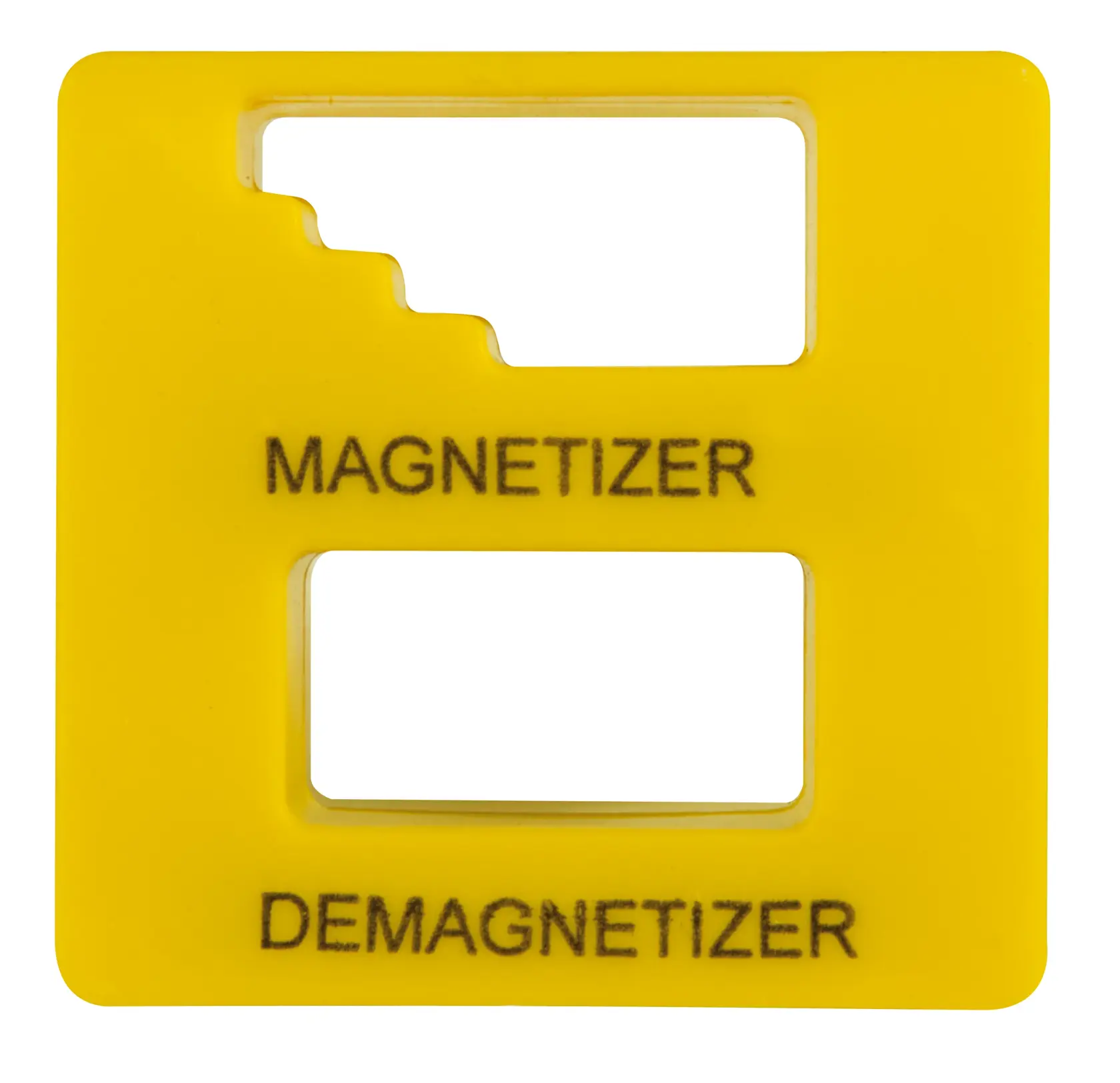 Gelbes Magnetisierer- und Demagnetisierer-Werkzeug für Schraubendreher mit markierten Schlitzen.