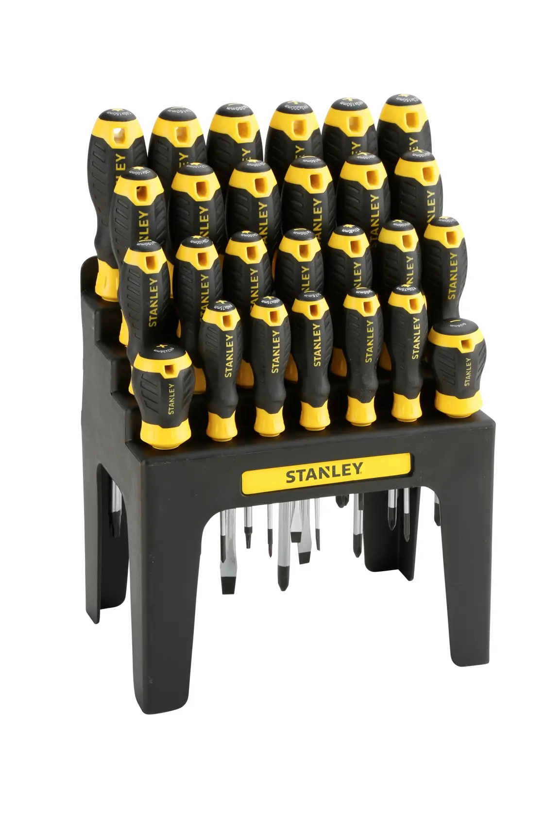 STANLEY STHT0-62142 Schraubendreher-Set mit schwarz-gelben Griffen auf Ständer, Vorderansicht.