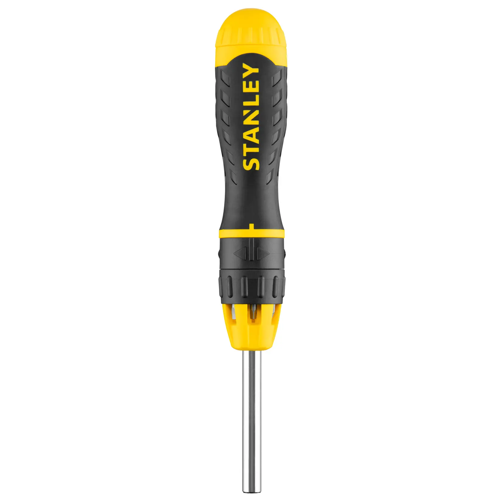 Stanley schwarz-gelber Multibit-Schraubendreher mit ergonomischem Griff, stehend auf weißem Hintergrund.