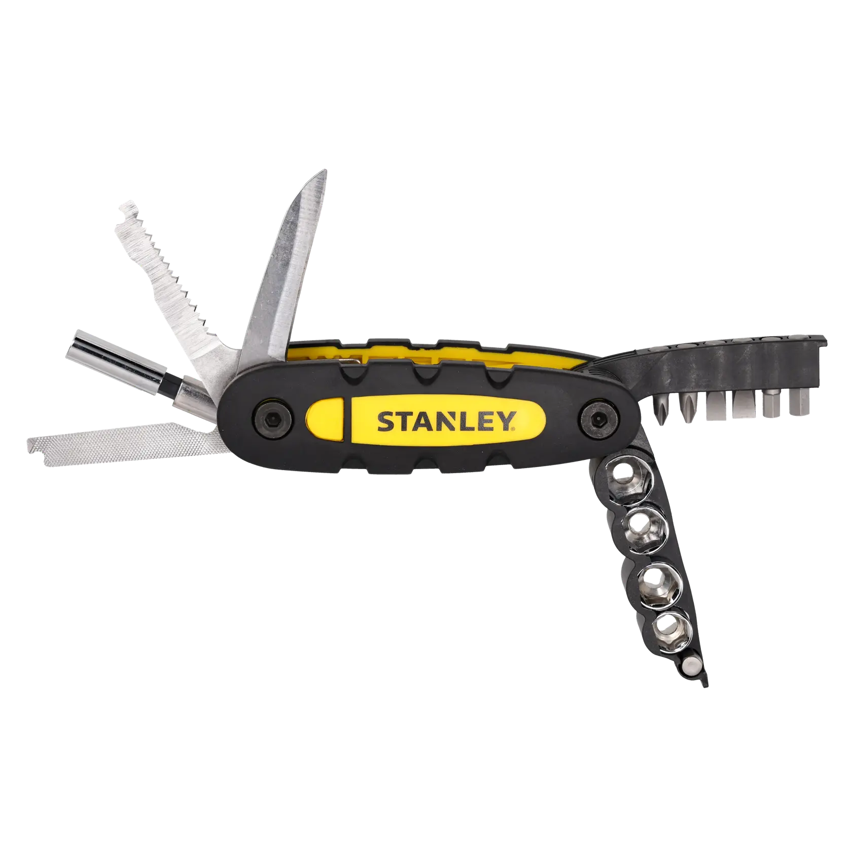 STANLEY STHT0-70695 schwarz-gelbes Multitool mit ausklappbaren Werkzeugen, weißer Hintergrund, Seitenansicht.