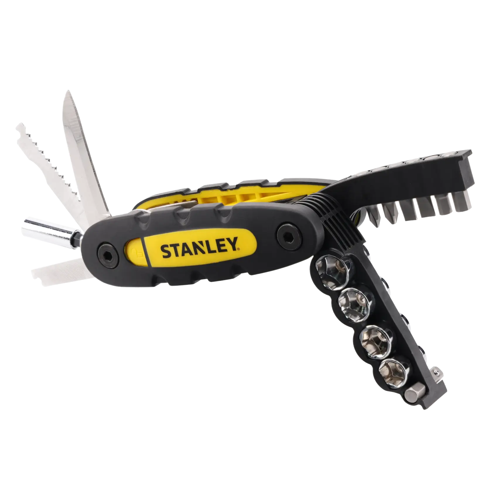 STANLEY STHT0-70695 Multitool-Set mit schwarz-gelbem Griff und verschiedenen Bits, seitliche Ansicht.