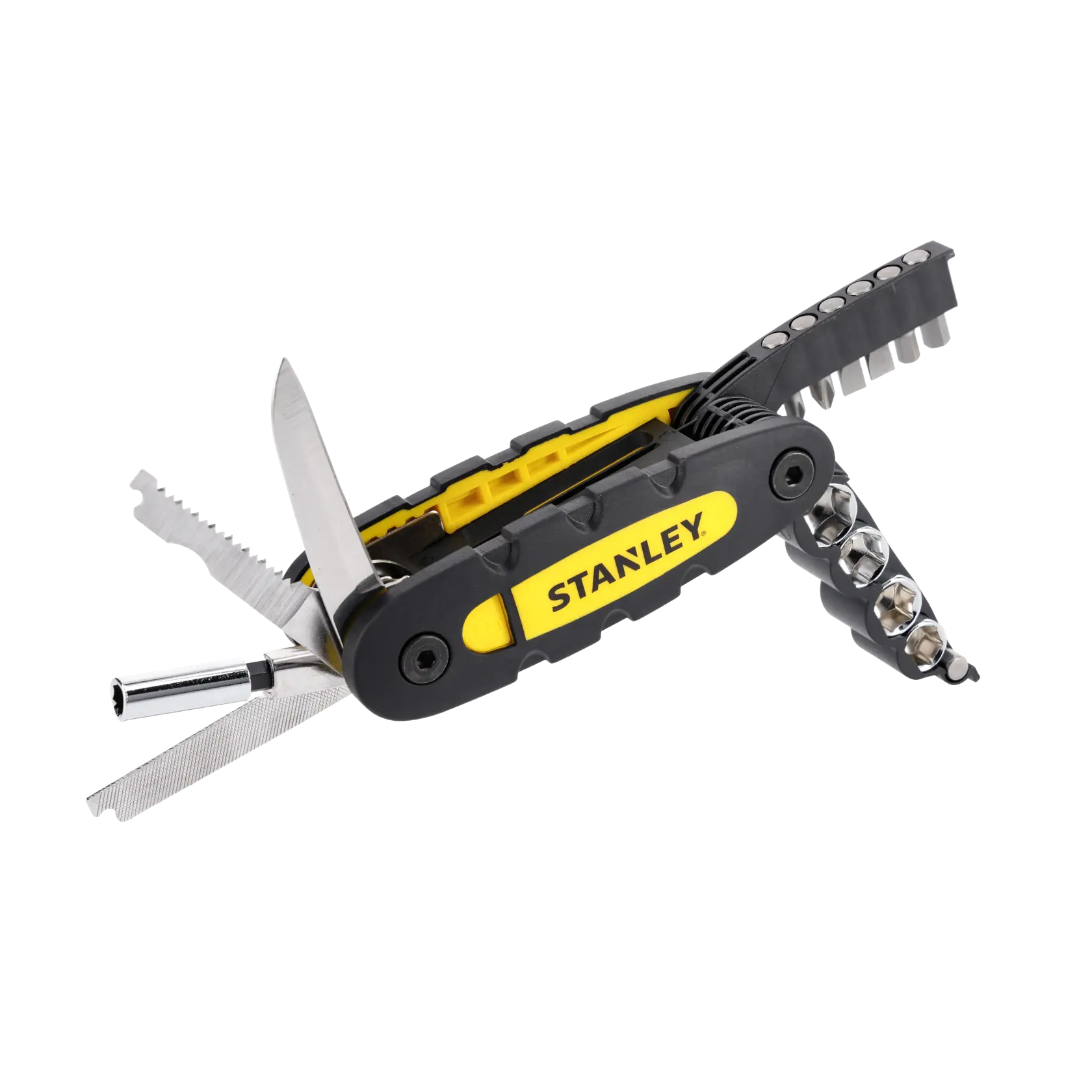STANLEY STHT0-70695 Multitool mit schwarz-gelbem Griff, mehrere ausgeklappte Werkzeuge, Frontansicht.