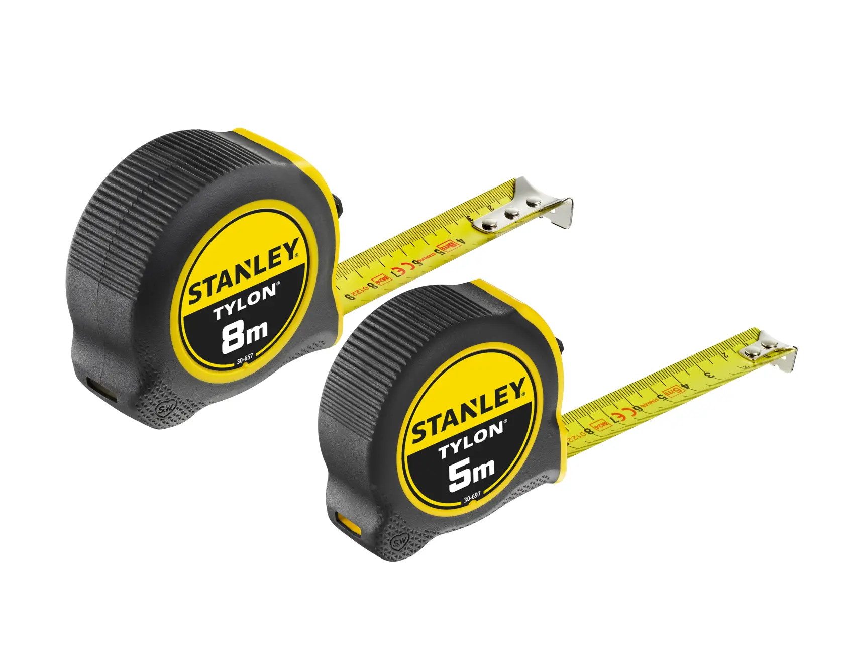 STANLEY STHT0-74260 Maßbänder, 8m und 5m, schwarz-gelb, Seitenansicht, weißer Hintergrund.